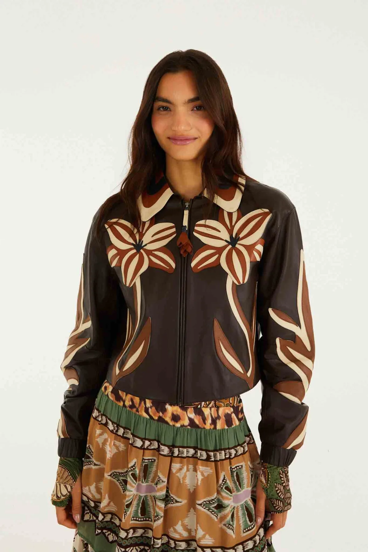 Flower Cutwork Collared Leather Jacket by FARM Rio