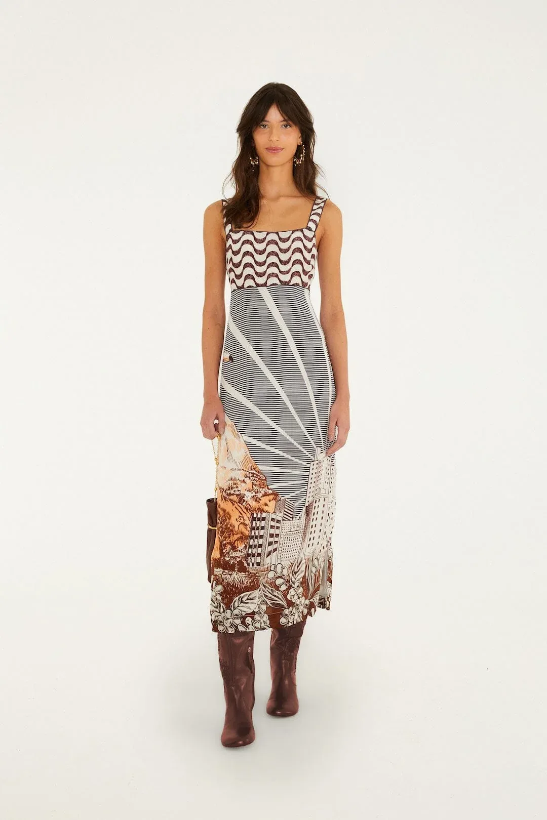 Mixed Carioca Coffee Scarves Sleeveless Midi Dress by FARM Rio