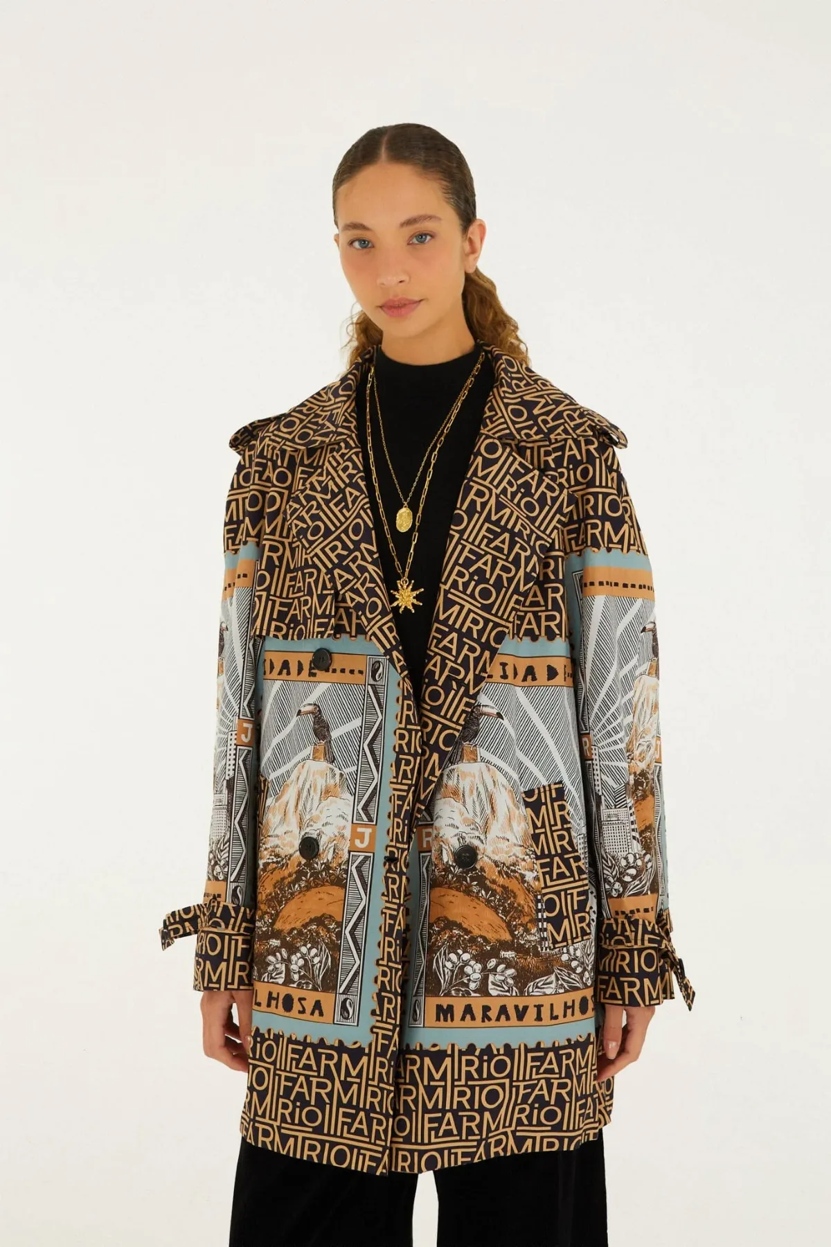Mixed Carioca Coffee Scarves Trench Coat by FARM Rio