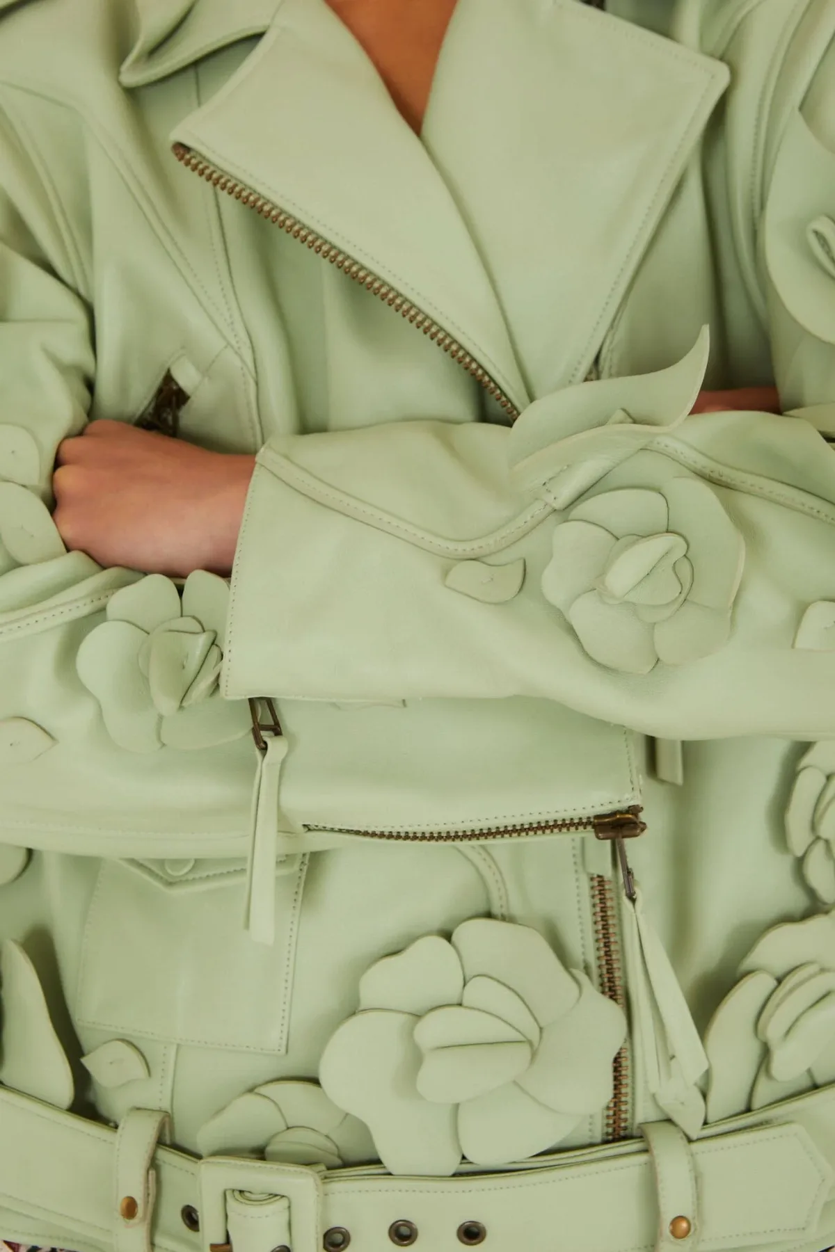 3d Flowers Belted Biker Leather Jacket by FARM Rio