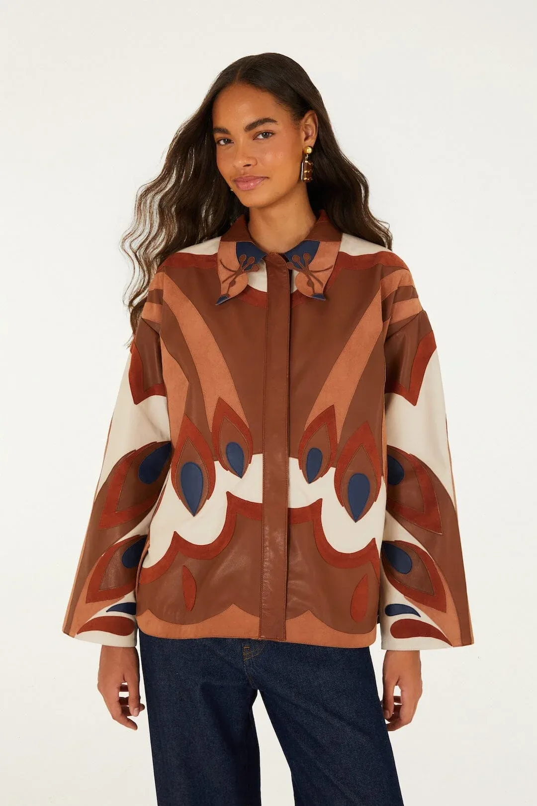 Graphic Bird Collared Leather Shirt by FARM Rio