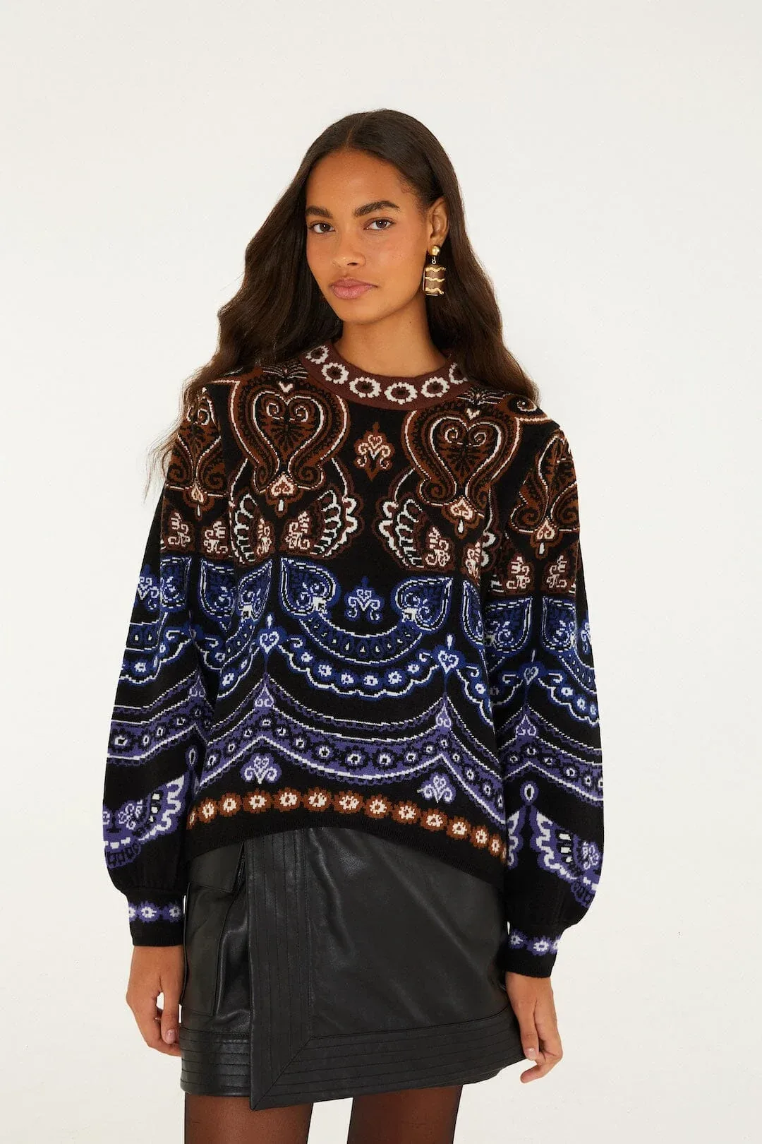 Nicole Scarf Puff Sleeve Knit Sweater by FARM Rio