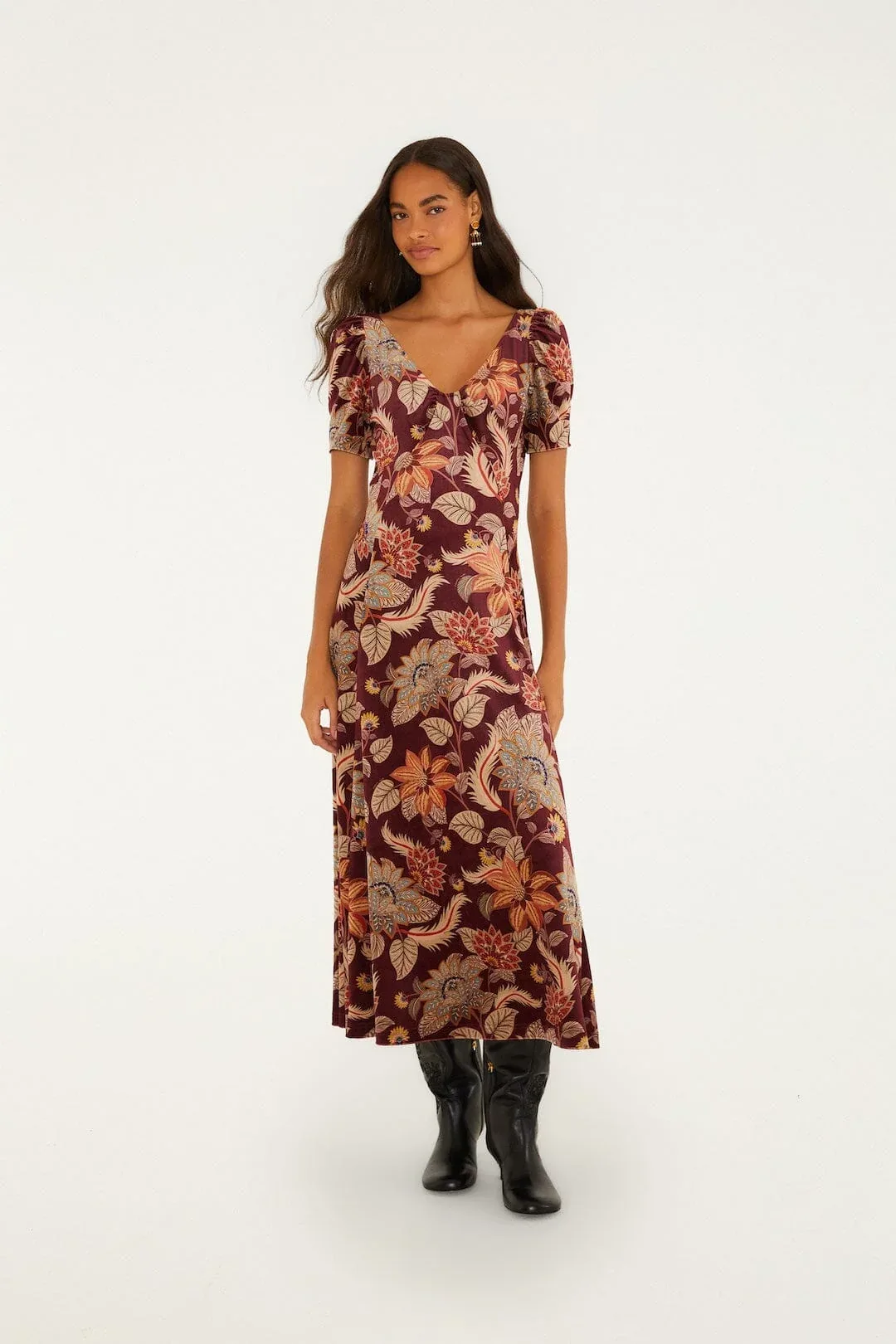 Delhi Floral Short Sleeve Velvet Maxi Dress by FARM Rio