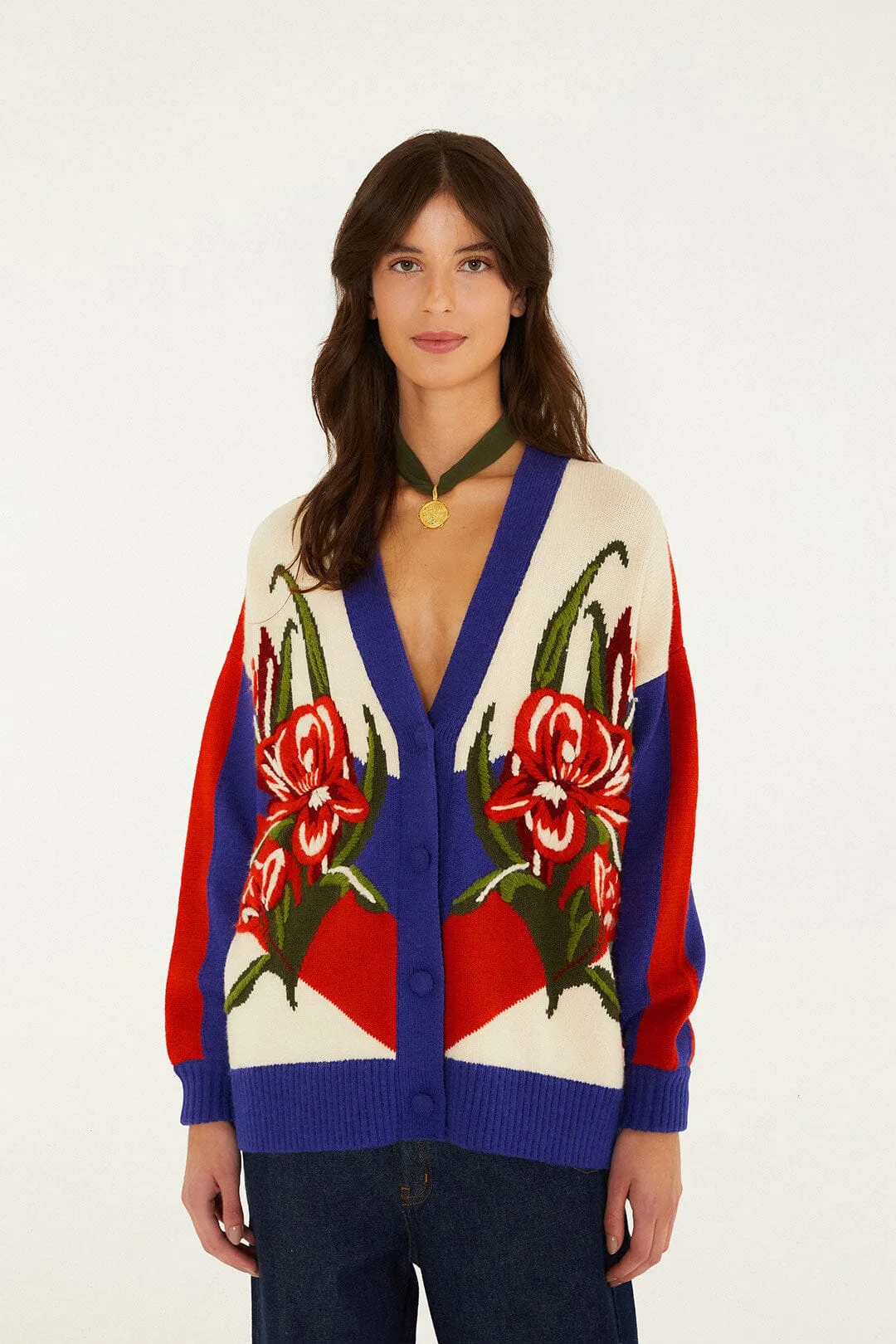Bold Stripe Flowers Buttoned Knit Cardigan