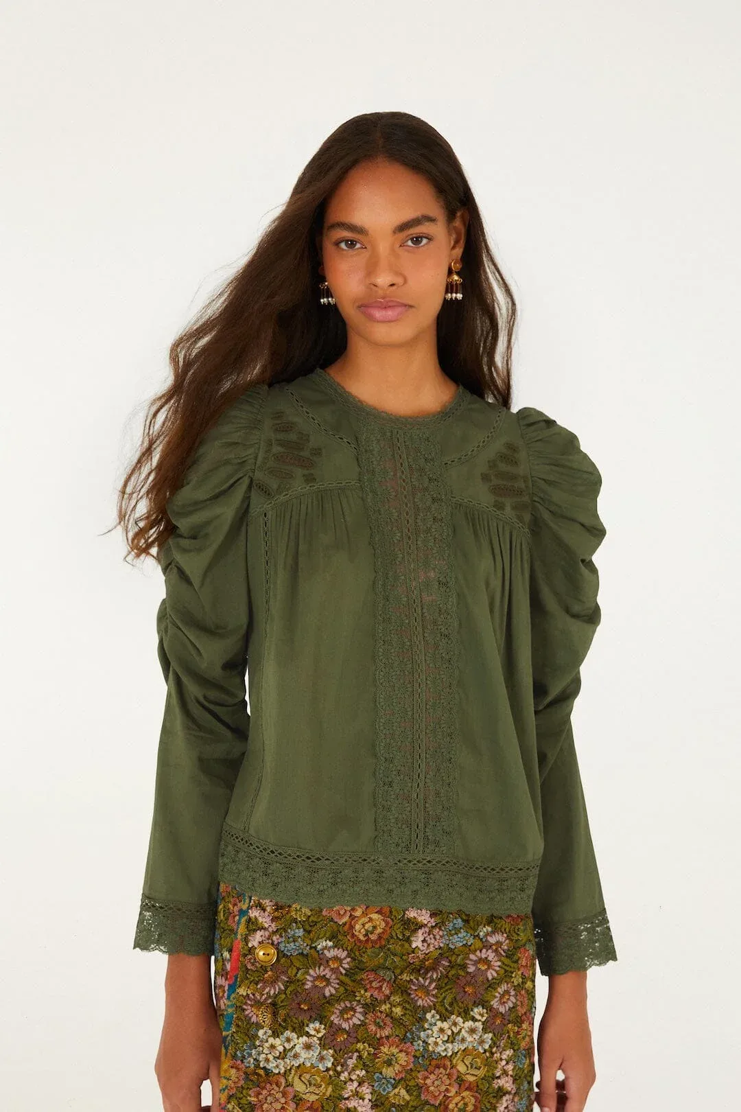 Lace Ruched Sleeve Blouse by FARM Rio