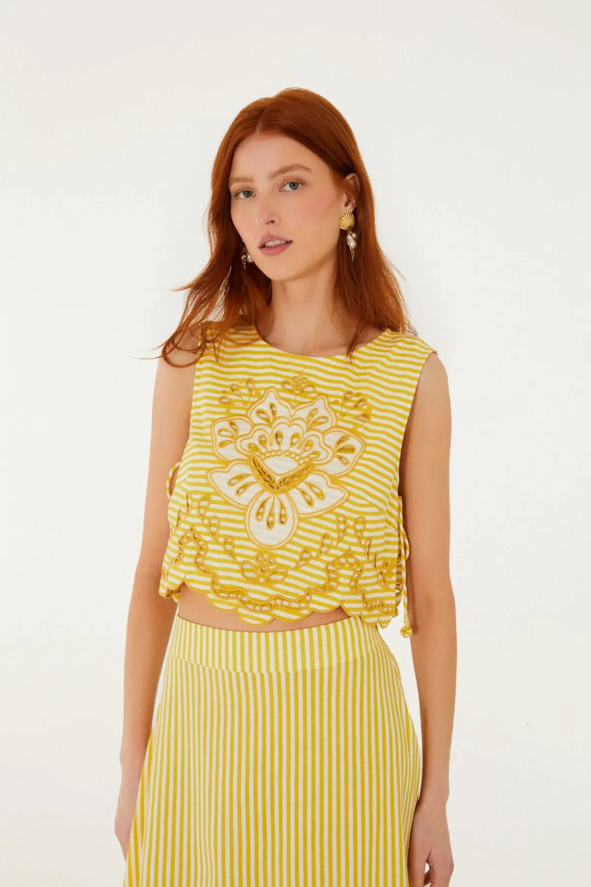 Yellow Stripes Richelieu Sleeveless Crop Top by FARM Rio
