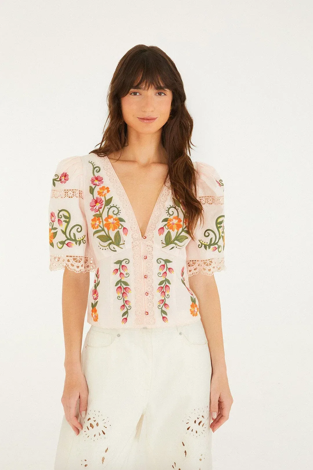Off-White Flower Embroidery Puff Sleeve Blouse by FARM Rio