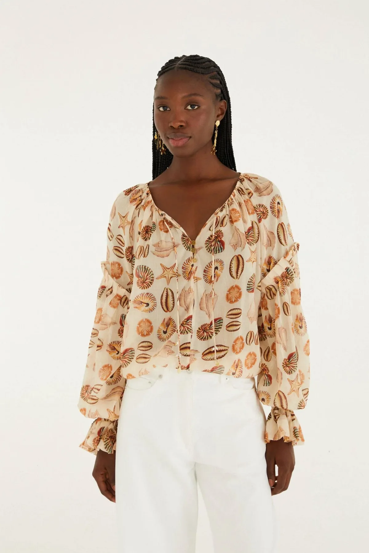 Sand Marine Shells Beaded Ties Blouse by FARM Rio