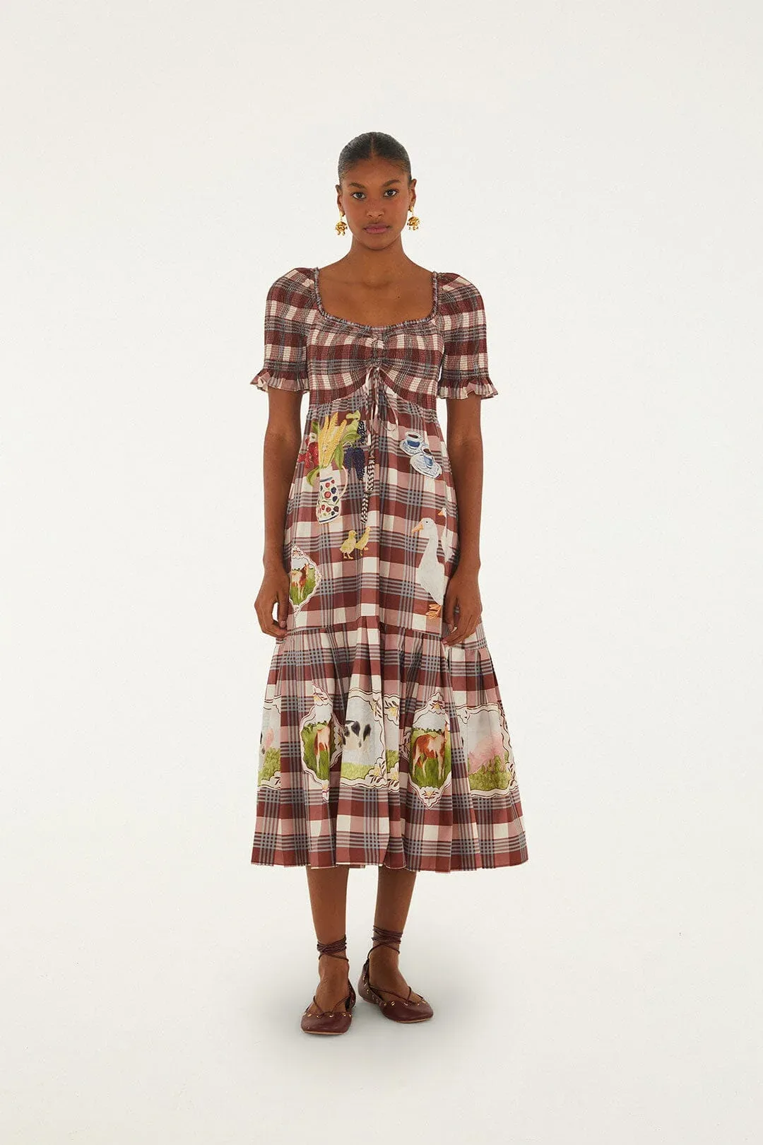 Brown Country Table Tartan Smocked Maxi Dress by FARM Rio