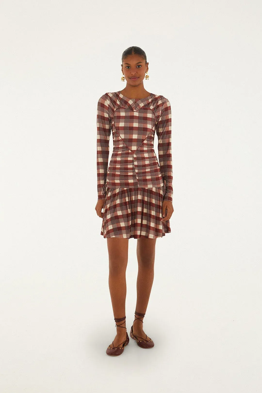 Brown Country Tartan Heart Ruched Mini Dress by FARM Rio