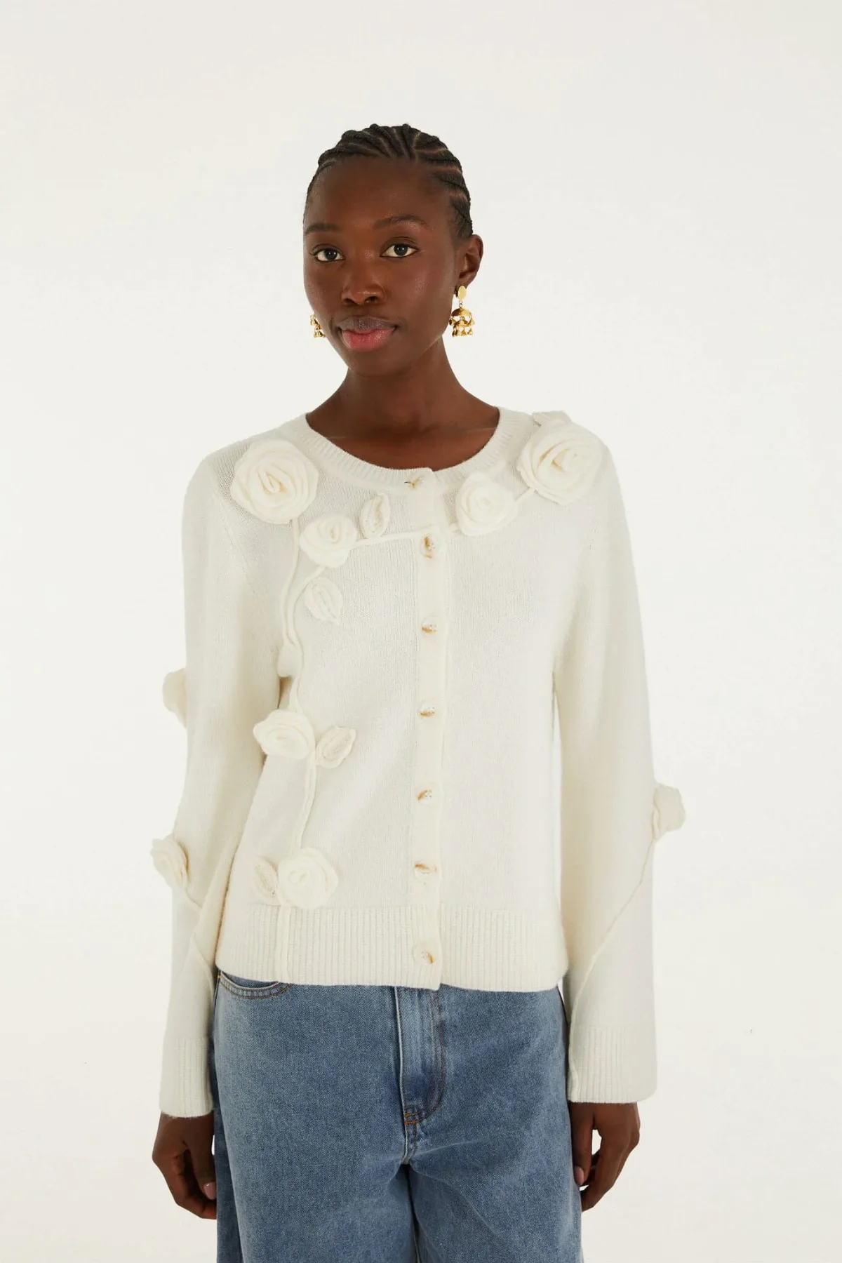 Off-White 3d Flower Buttoned Knit Cardigan by FARM Rio