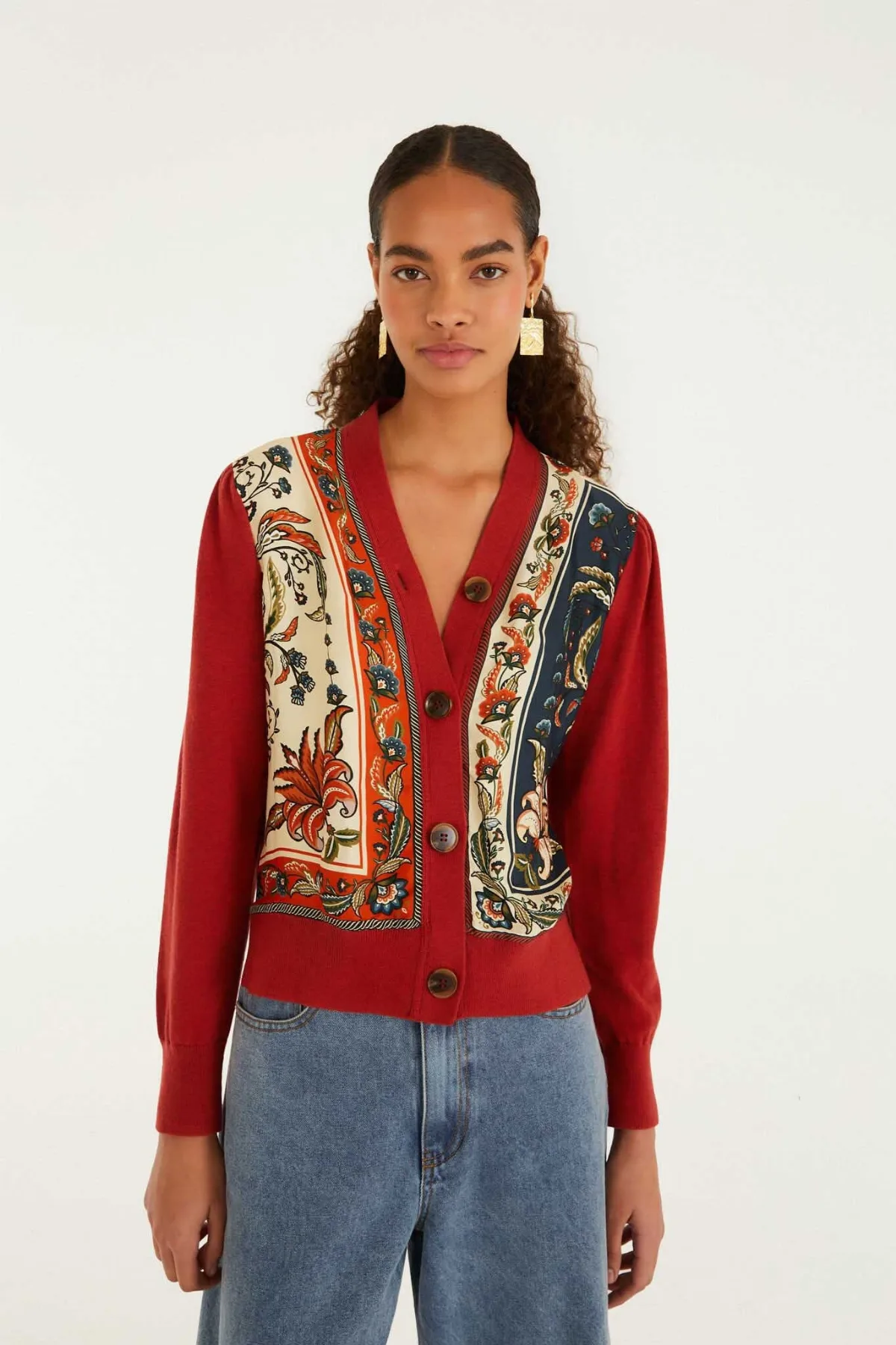Red Ainika Garden Scarf Buttoned Knit Cardigan by FARM Rio