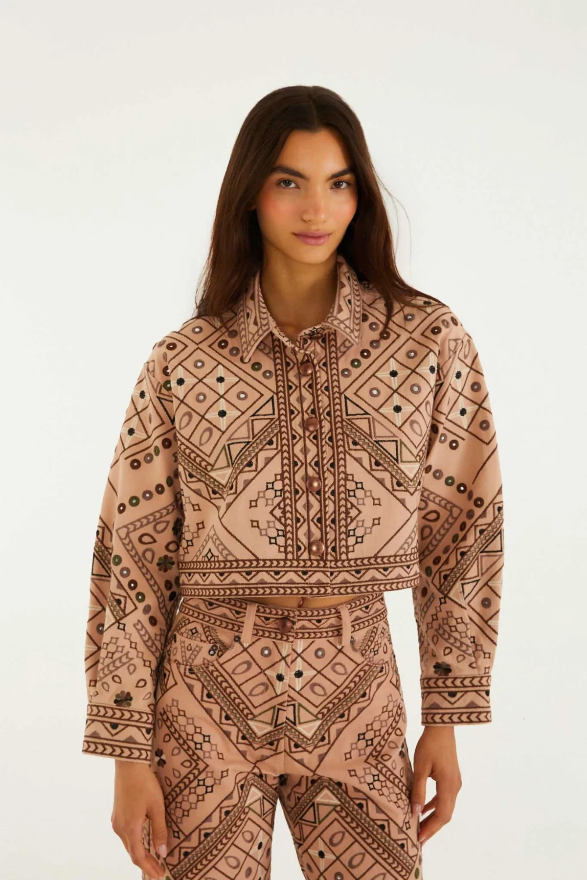 Beige Cosmopolitan Collared Crop Jacket by FARM Rio