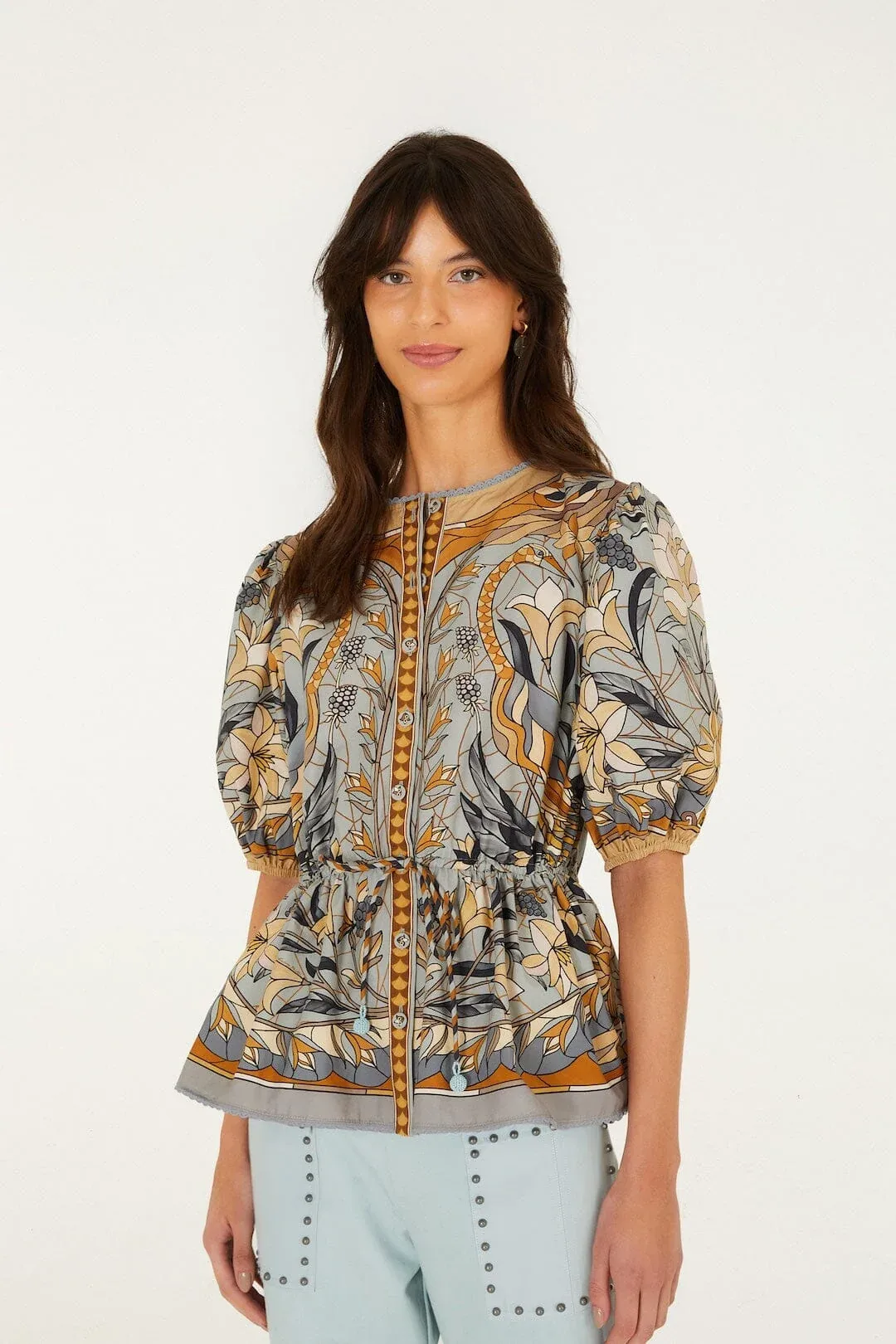 Stained Glass Beauty Drawstring Buttoned Blouse by FARM Rio