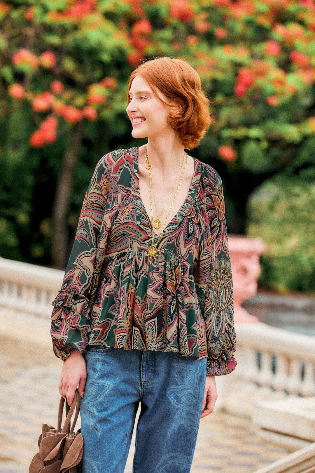 Tapestry Flowers Ruffled Blouse by FARM Rio