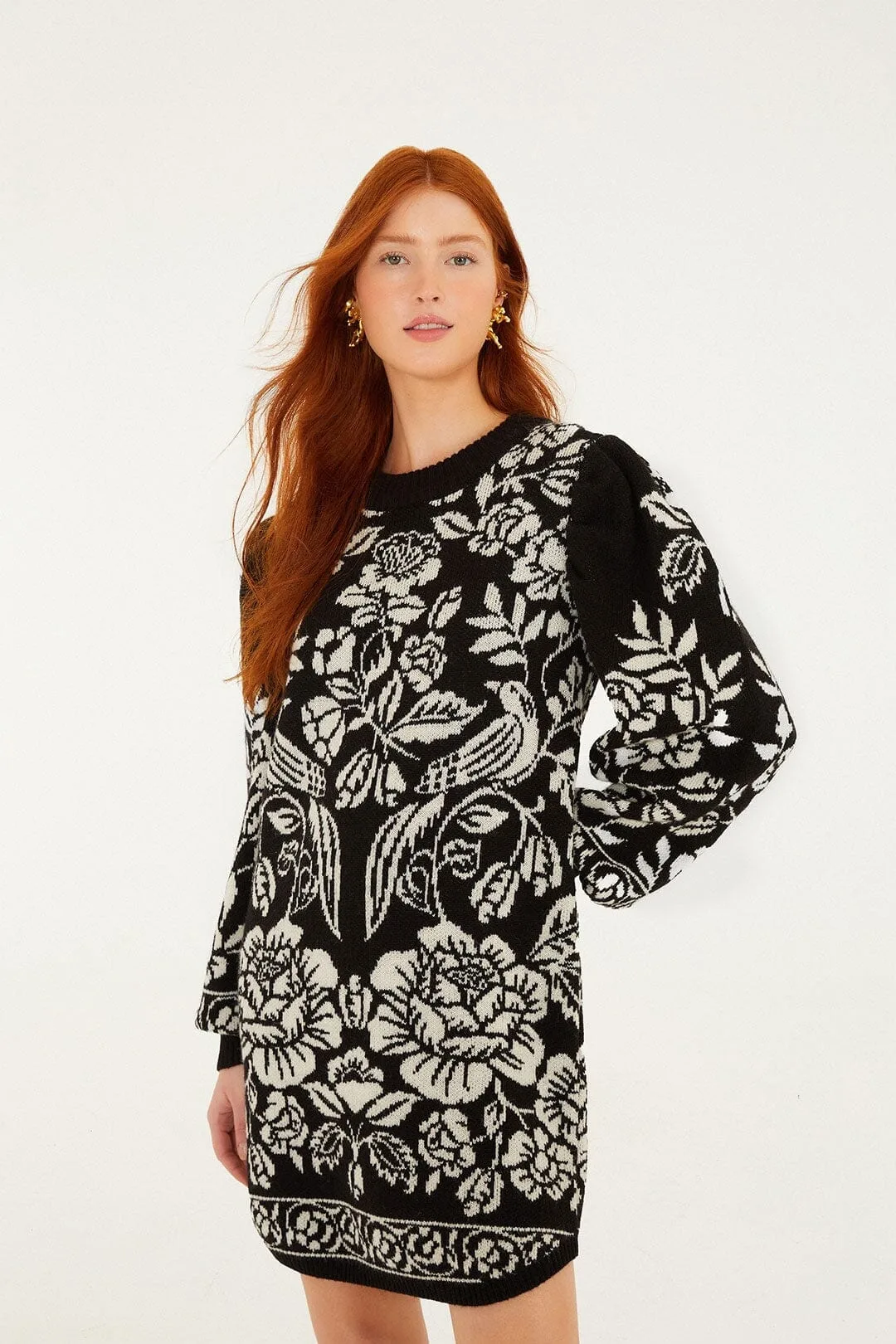 Black and White Cashew and Birds Knit Mini Dress by FARM Rio