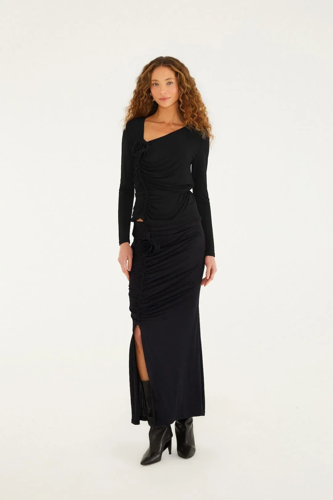 Black Flower Draped Side Slit Midi Skirt by FARM Rio
