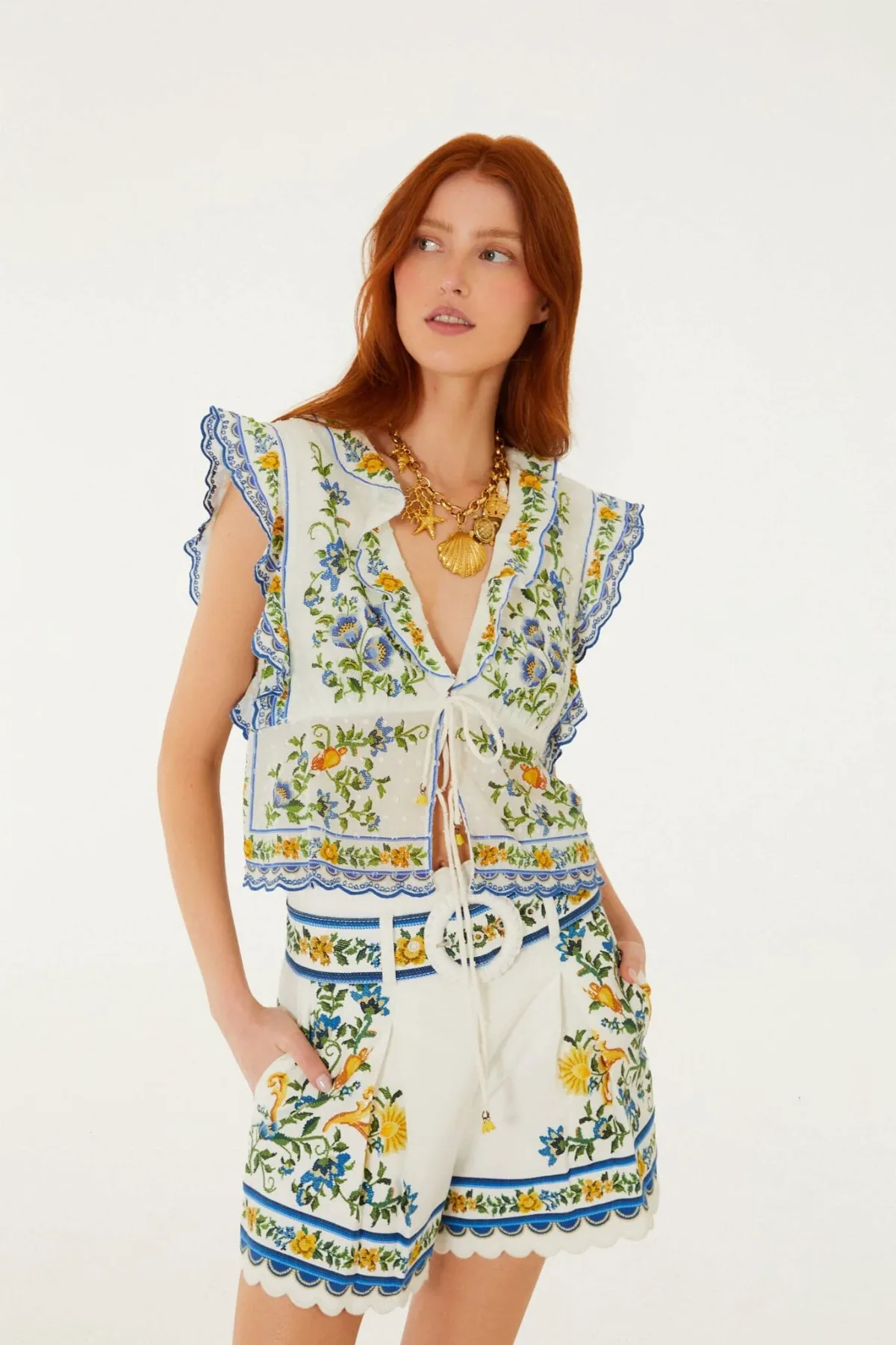 Emily Floral Tapestry Belted Shorts by FARM Rio