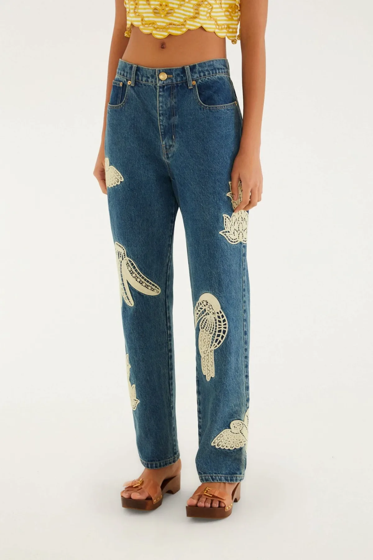 Denim Birds Embroidered Pants by FARM Rio