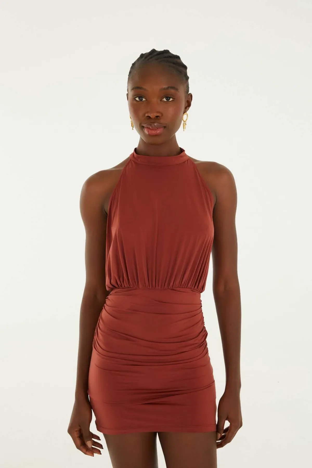 High Neck Draped Open Back Mini Dress by FARM Rio