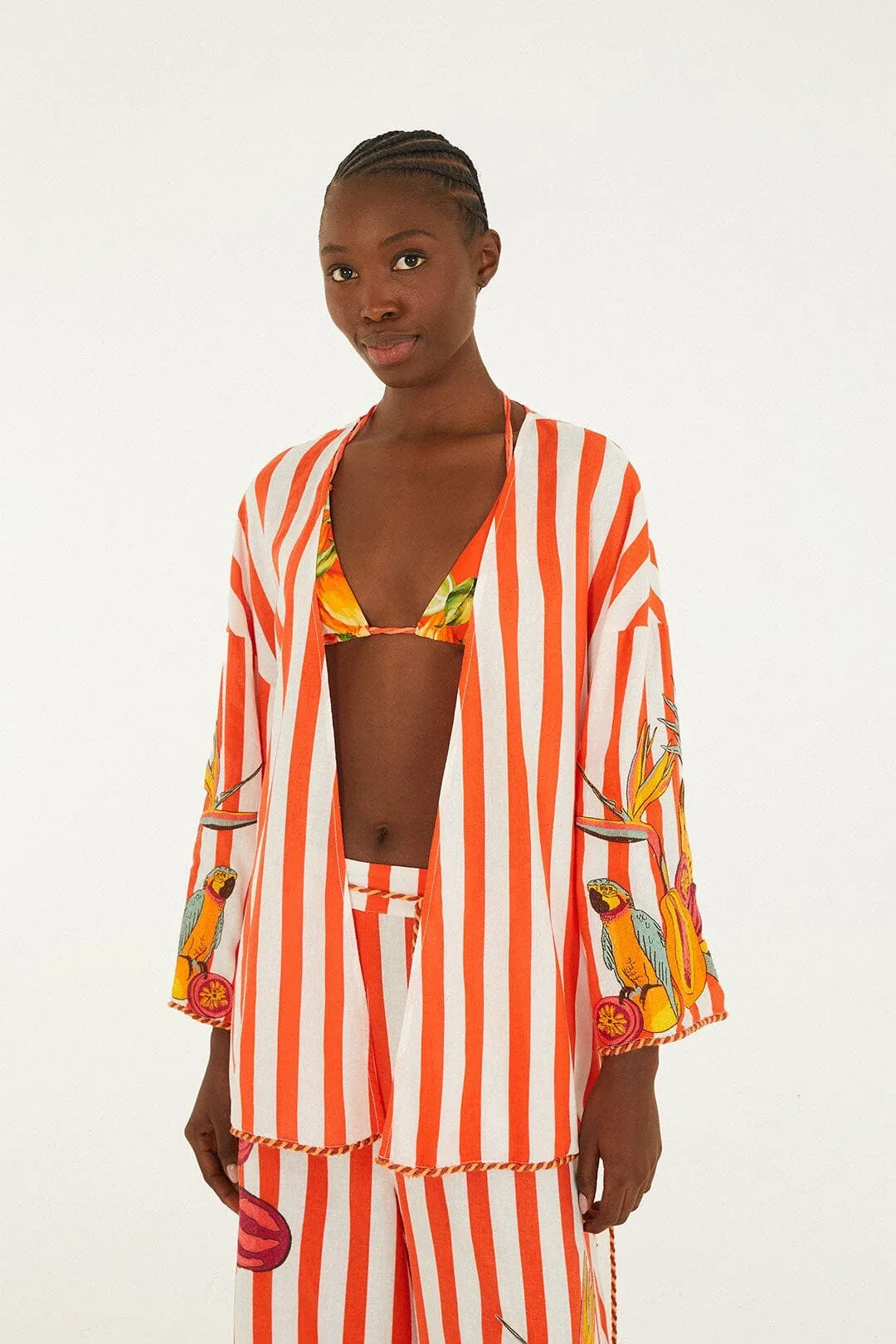 Red Fruit Stripes Rope Details Kimono by FARM Rio