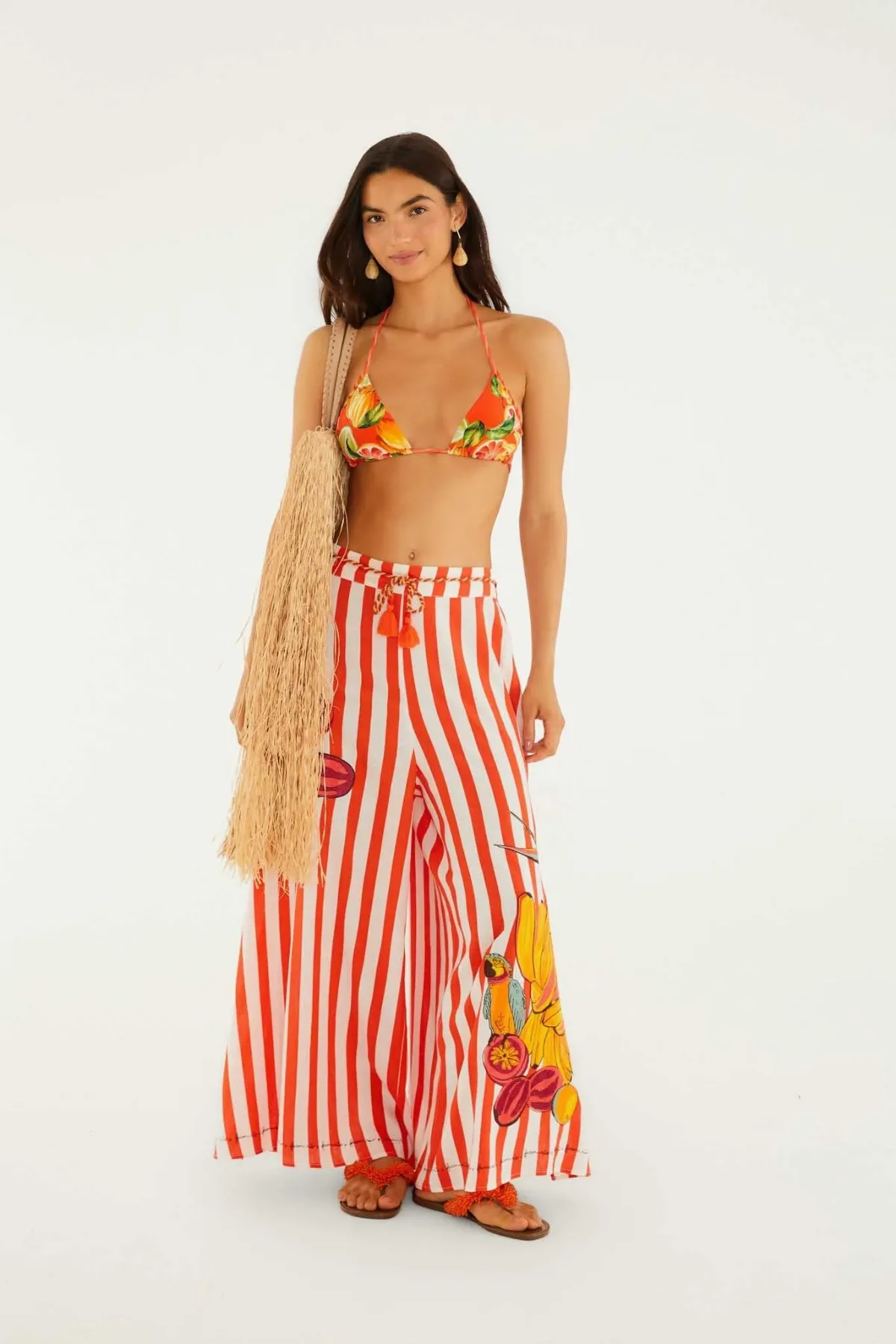 Red Fruit Stripes Rope Ties Slits Pants by FARM Rio