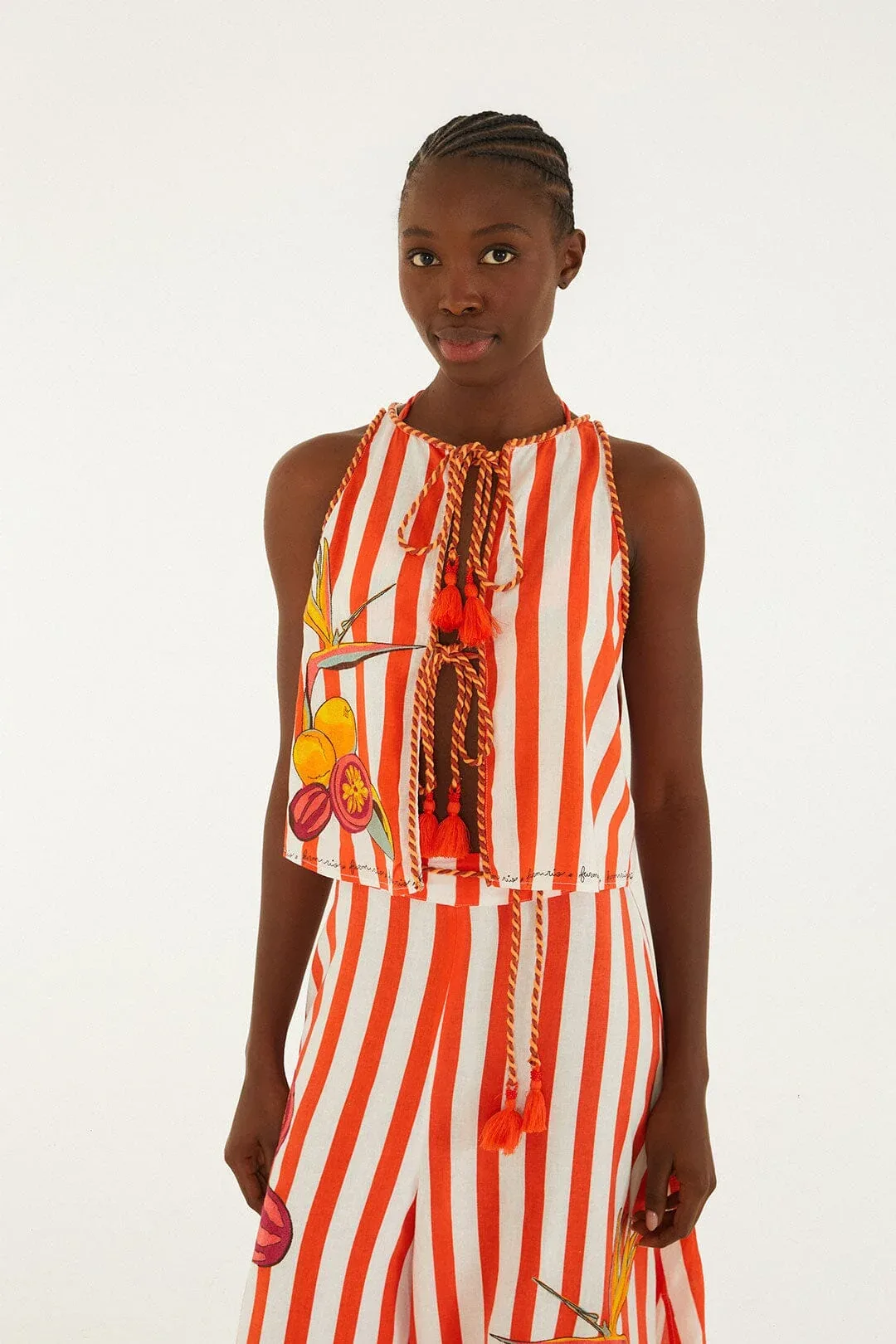 Red Fruit Stripes Embroidered Rope Details Blouse by FARM Rio
