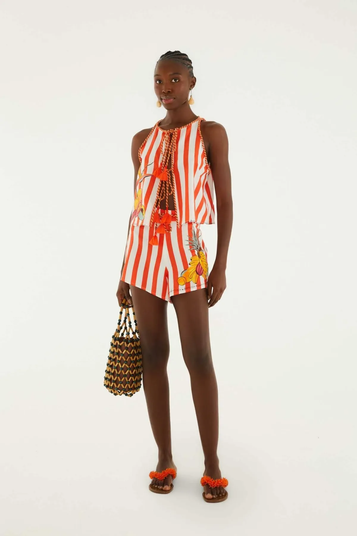 Red Fruit Stripes Embroidered Rope Ties Shorts by FARM Rio