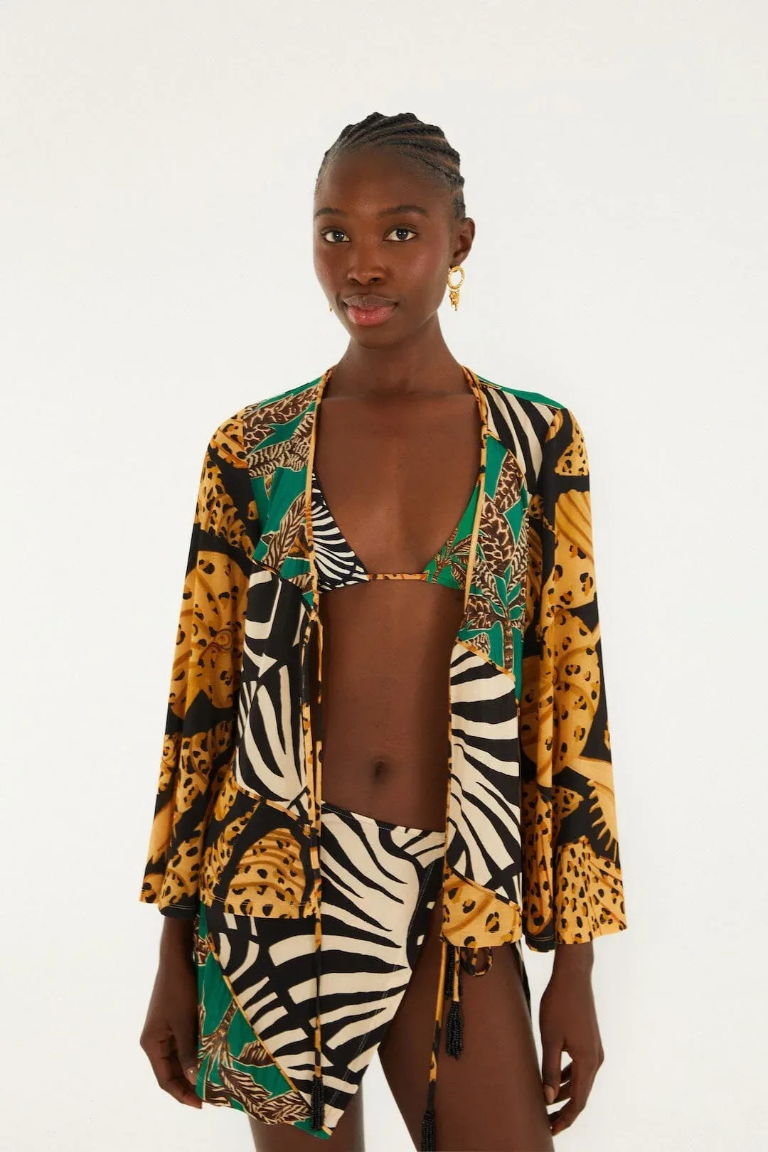 Mixed Patchwork Front Beaded Ties Blouse by FARM Rio