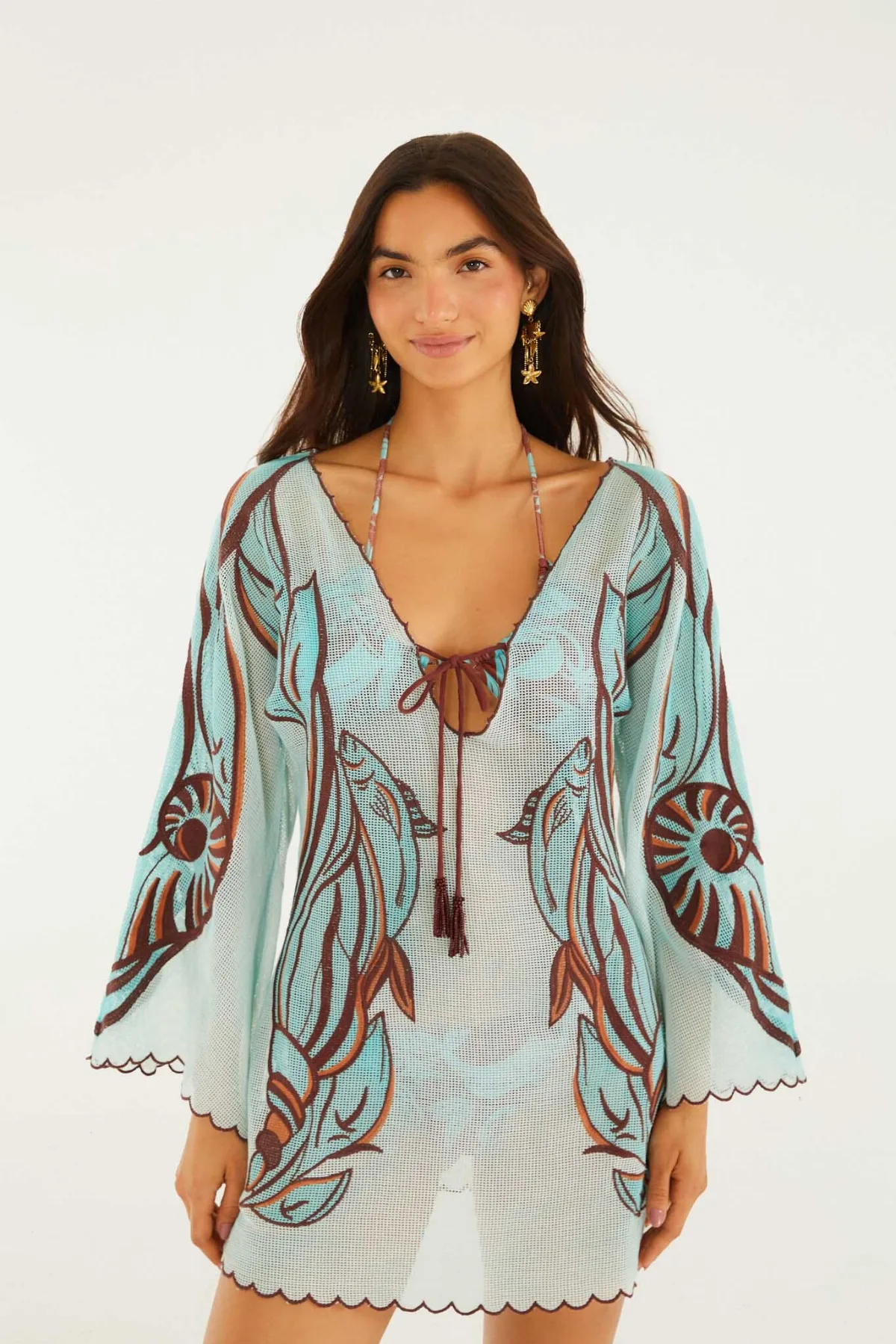 Blue Fish Net Embroidered Long Sleeve Mini Dress by FARM Rio