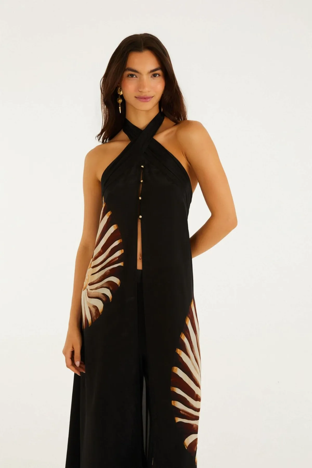 Black Ammonite Halter Neck Open Front Midi Tunic by FARM Rio