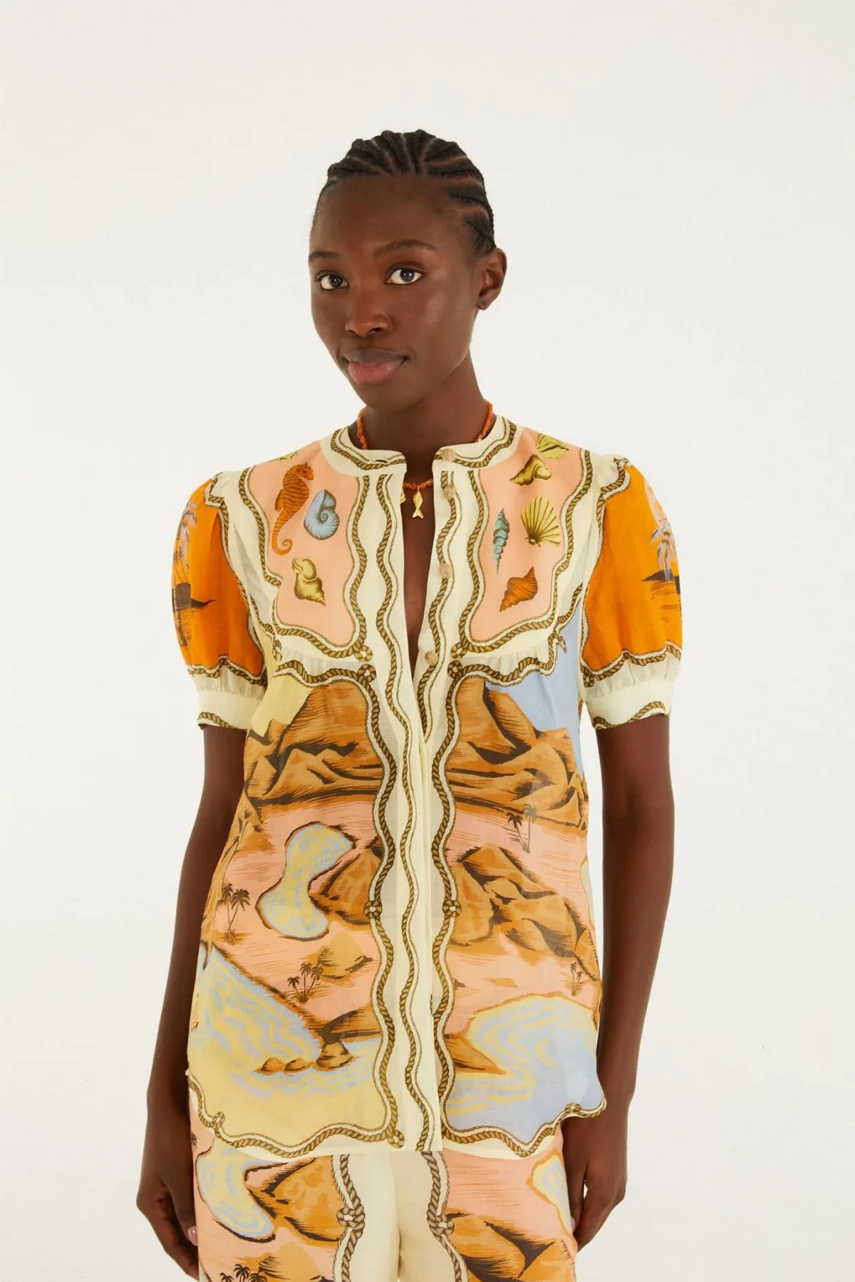Multicolor Rio Souvenir Scarves Puff Sleeve Blouse by FARM Rio