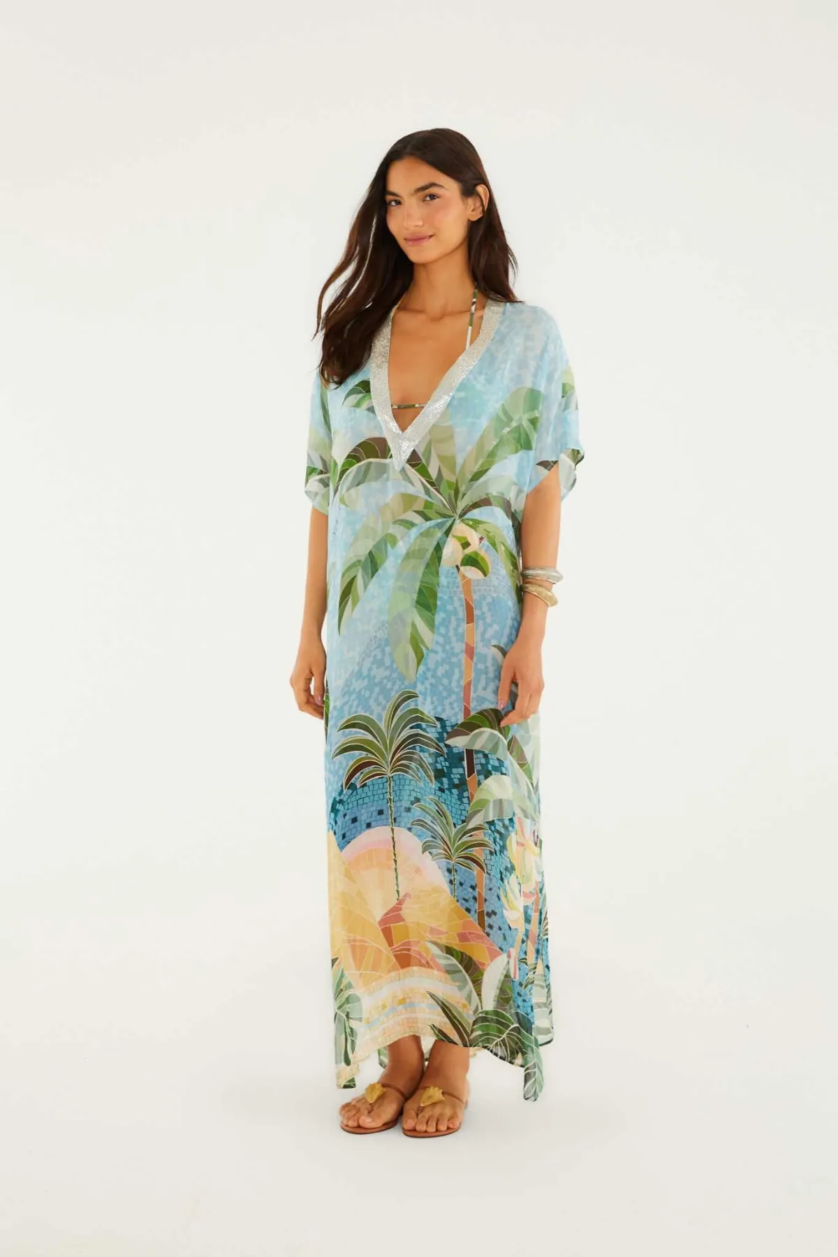 Blue Embroidered Side Slits Maxi Kimono by FARM Rio