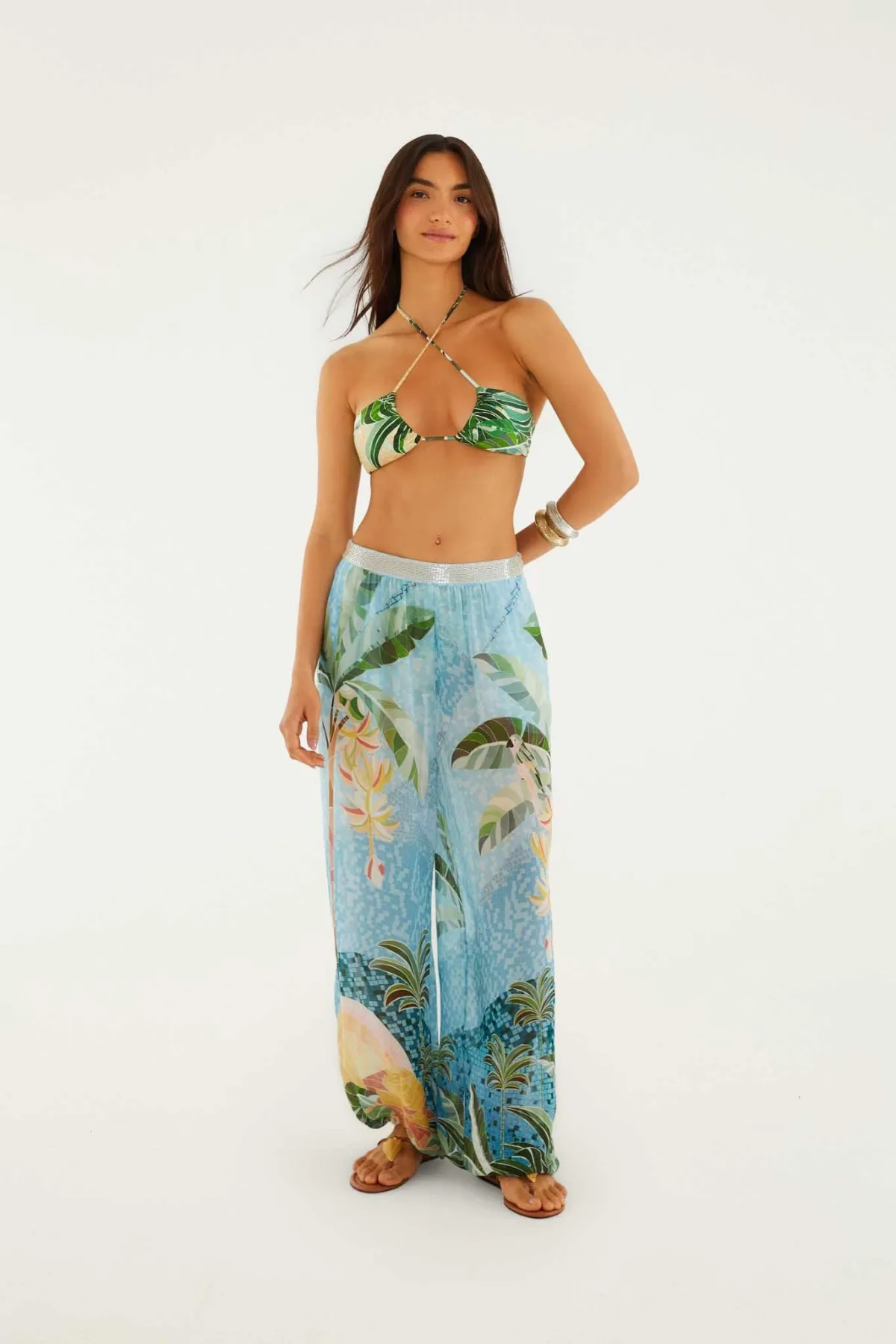 Blue Embroidered Side Buttons Balloon Pants by FARM Rio