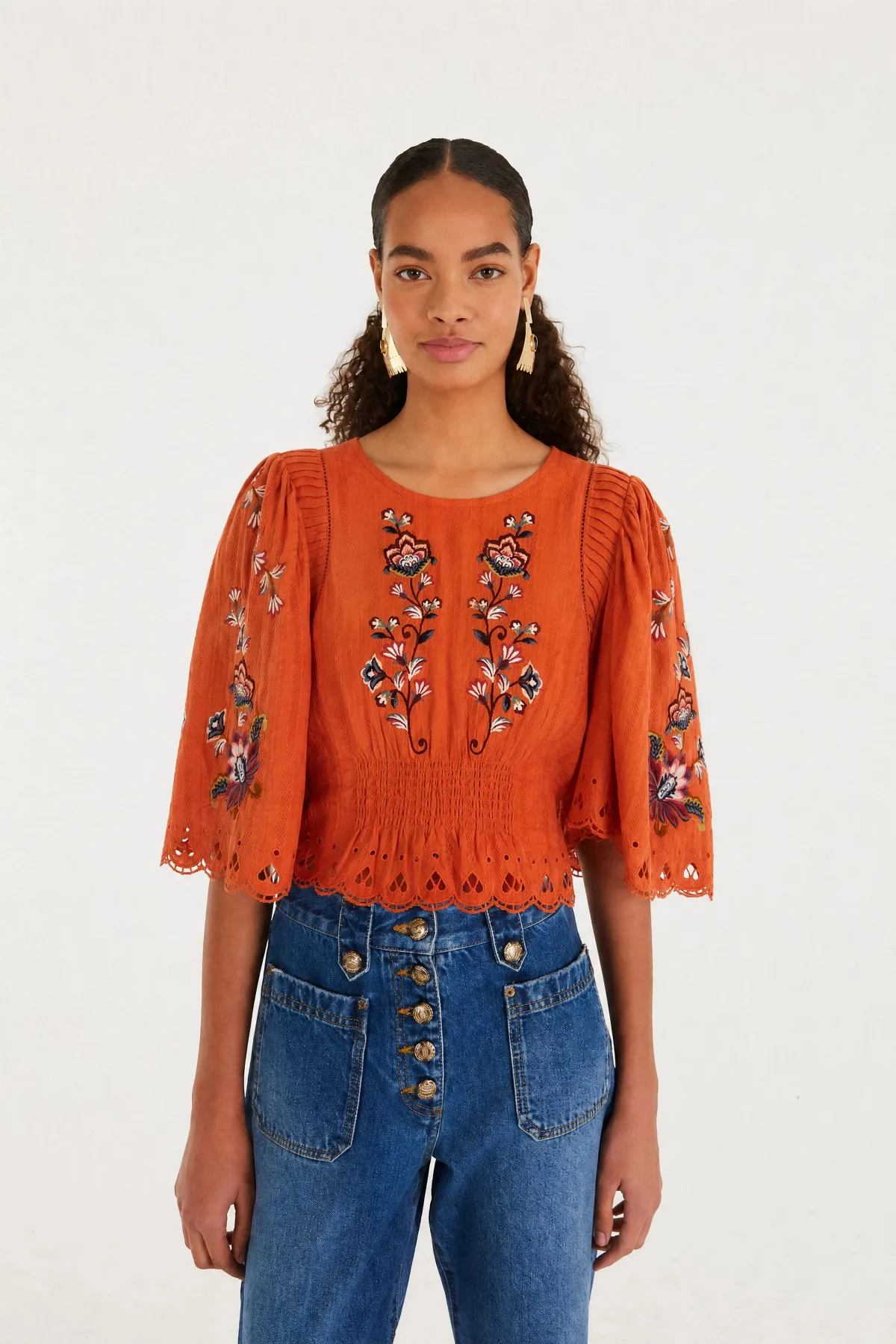 Orange Boho Flowers Embroidered Puff Sleeve Blouse by FARM Rio