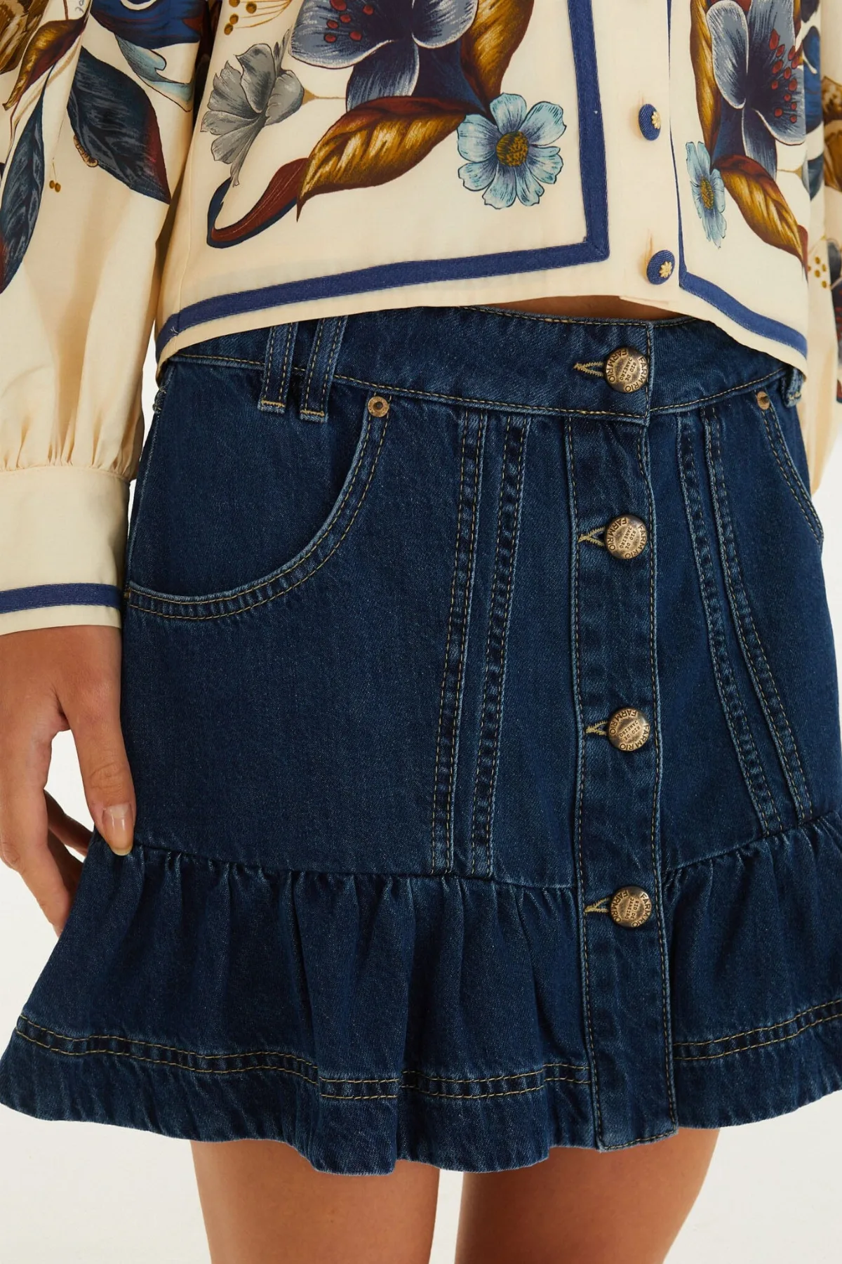 Dark Denim Ruffled Hem Mini Skirt by FARM Rio