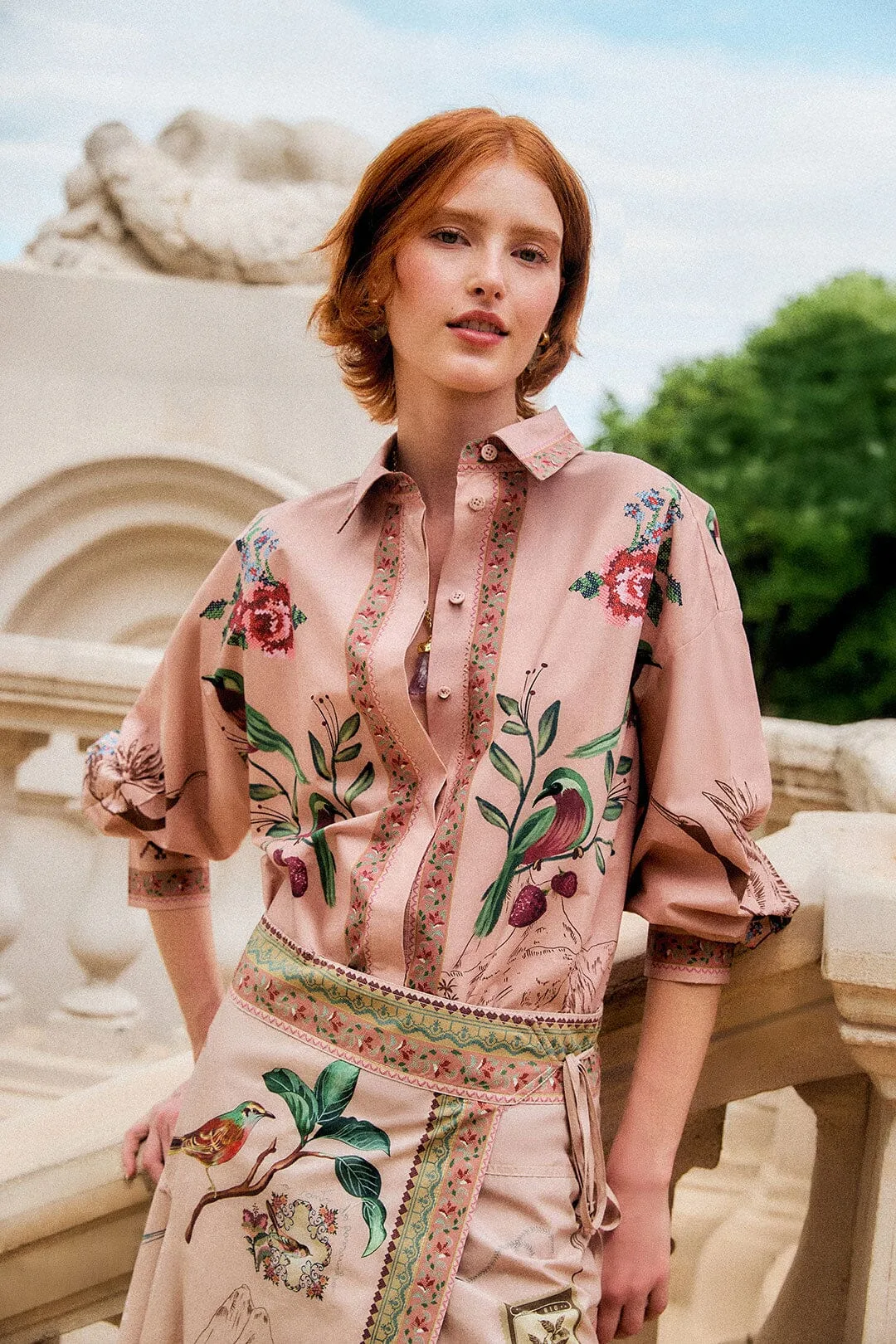 Bird Poetry Collared Buttoned Shirt by FARM Rio