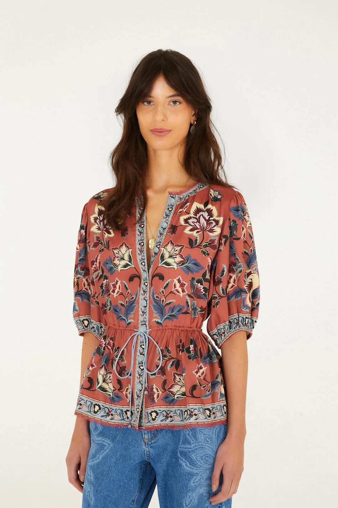 Floral Beauty Tapestry Drawstring Blouse by FARM Rio