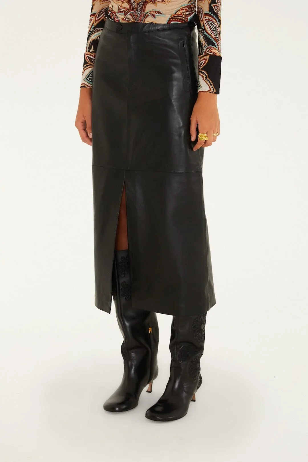 Black Leather Midi Skirt by FARM Rio
