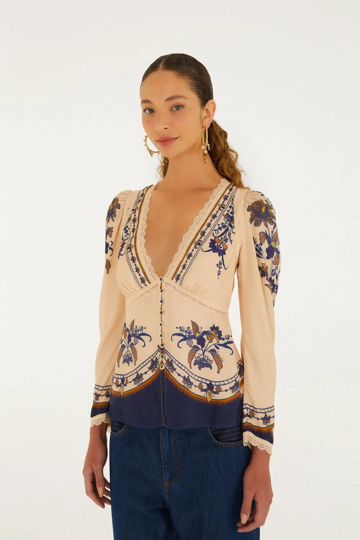 Liz Lace Buttoned Blouse, LIZ BEIGE / by FARM Rio