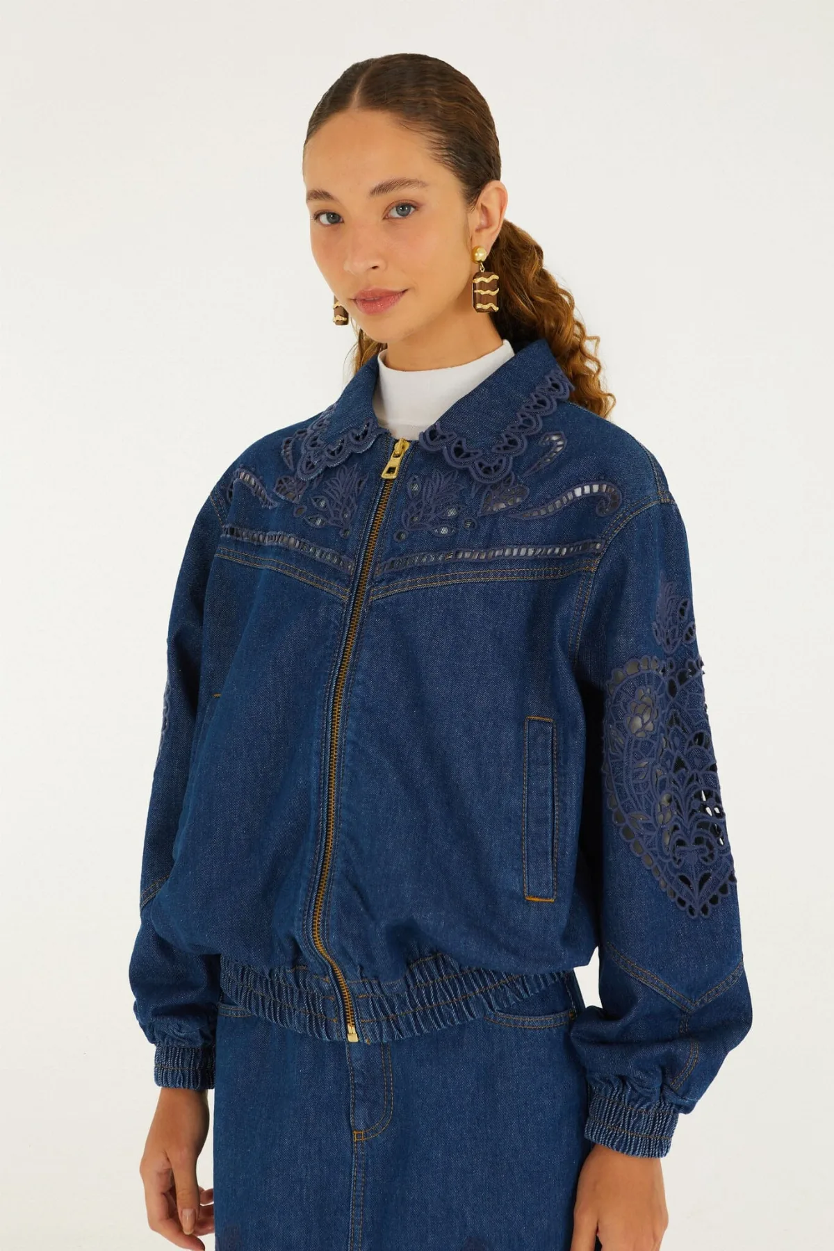 Richelieu Heart Full Zipper Denim Jacket by FARM Rio