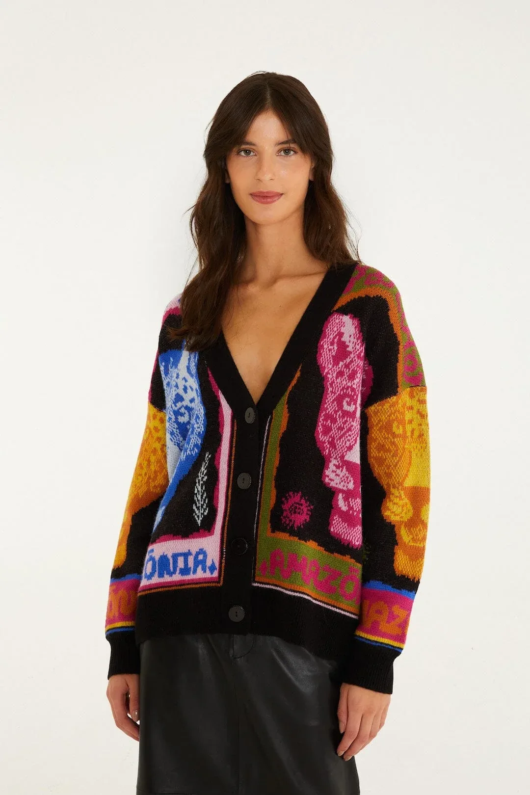 Multicolor Panthers Buttoned Knit Cardigan, BLACK / by FARM Rio