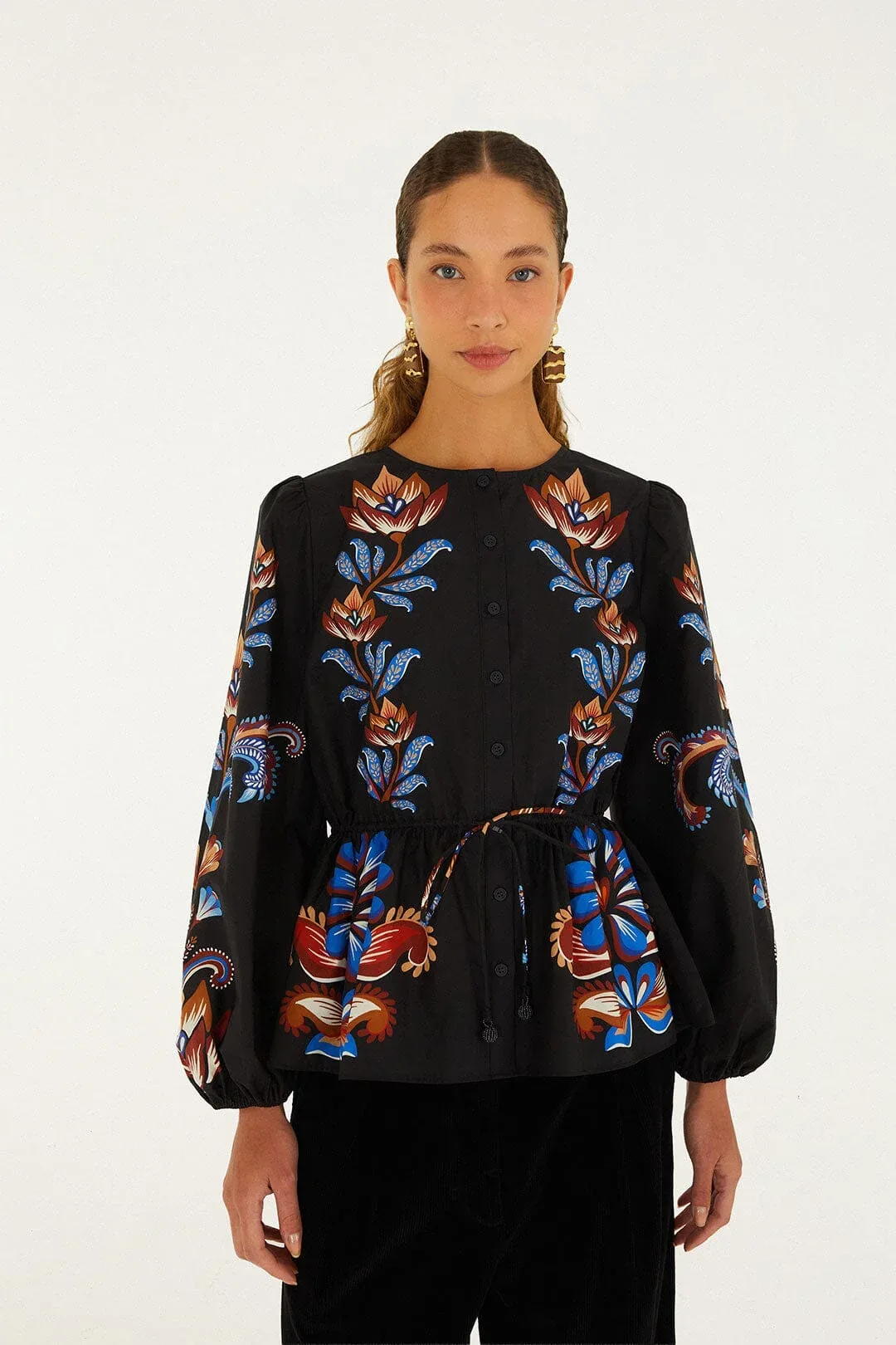 Energy Floral Drawstring Buttoned Blouse by FARM Rio