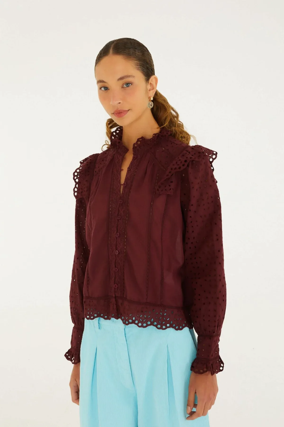 Eyelet Long Sleeve Ruffled Blouse by FARM Rio