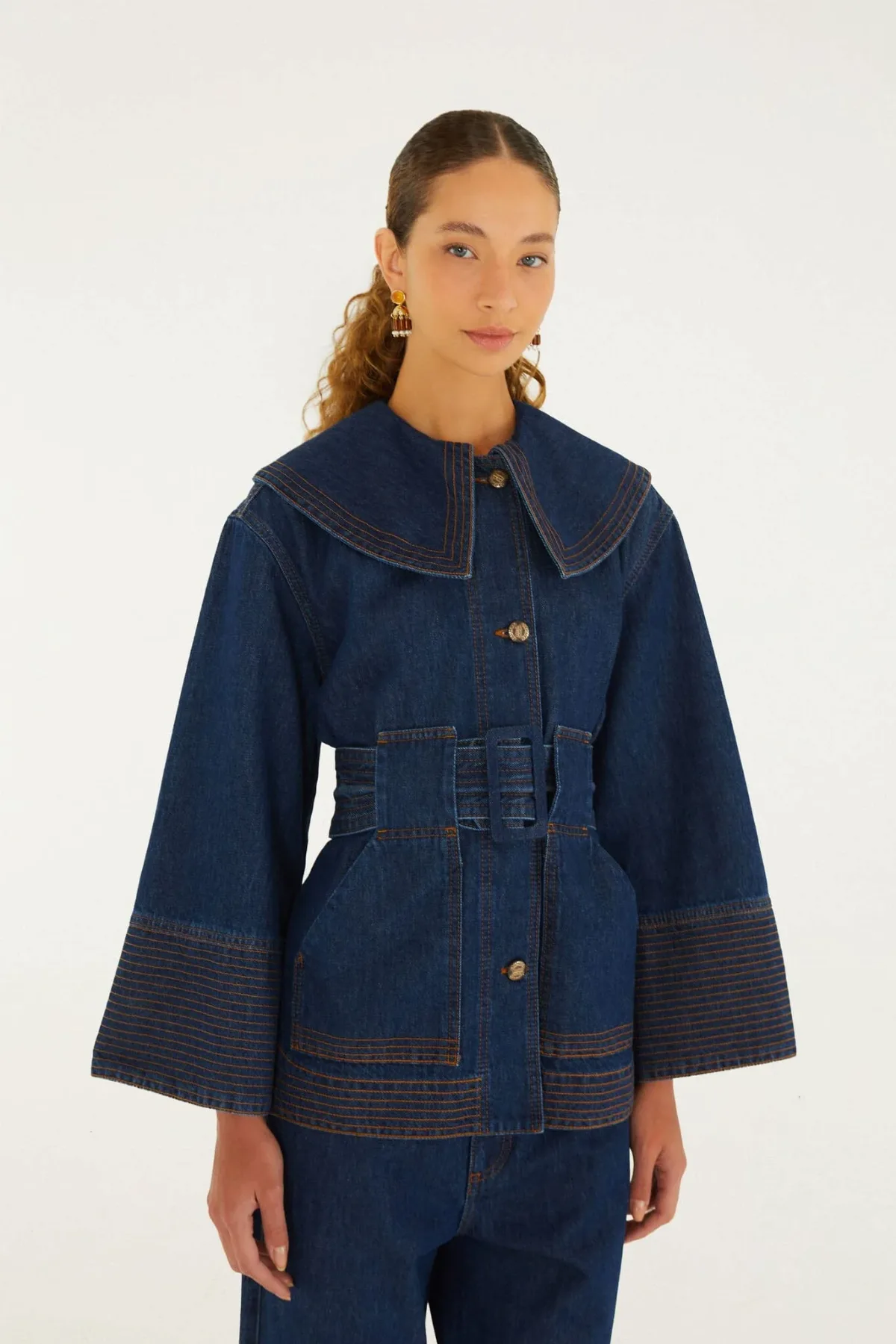 Lapel Belted Denim Trench Coat by FARM Rio