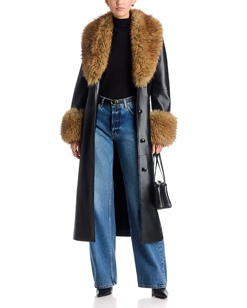 Estella Faux Leather Faux Fur Collar Belted Coat