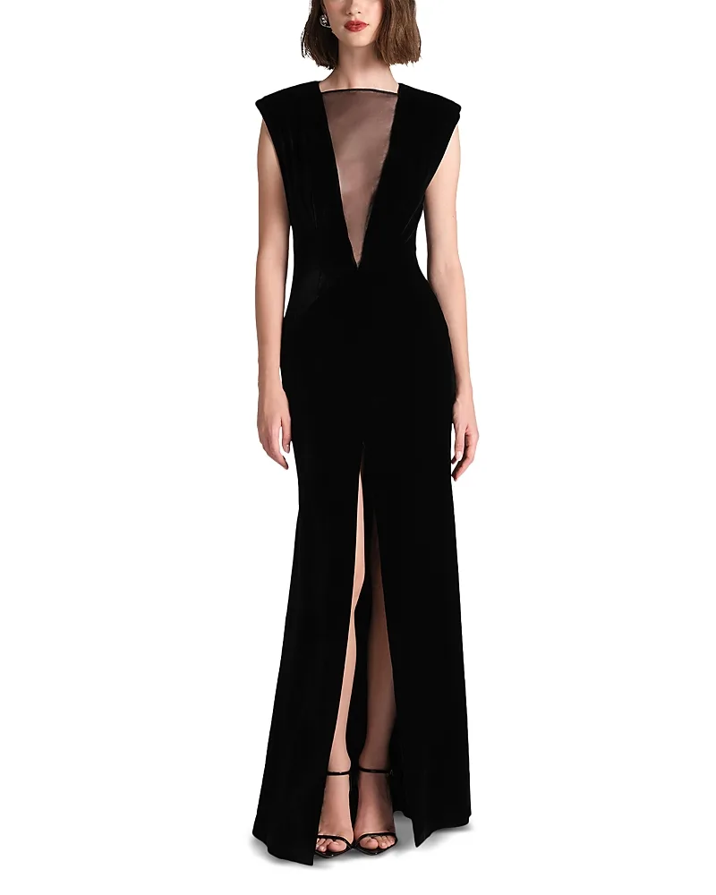 Leanna Mesh Trim Velvet Gown