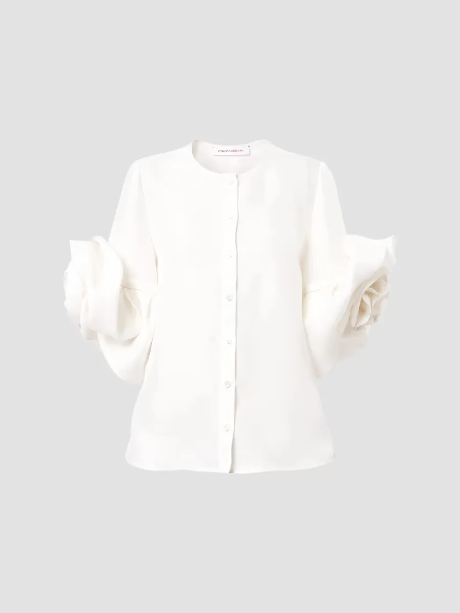 Silk Gazar Rosette-Sleeve Button-Front Blouse