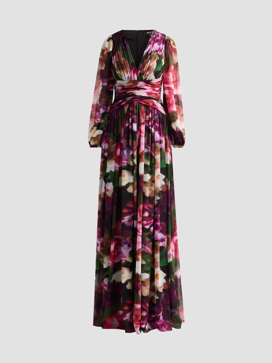 Floral Pleated Georgette A-Line Gown