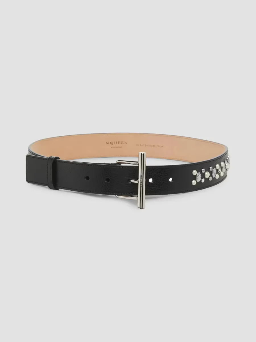 T-Bar Crystal & Imitation Pearl-Studded Leather Belt by McQueen